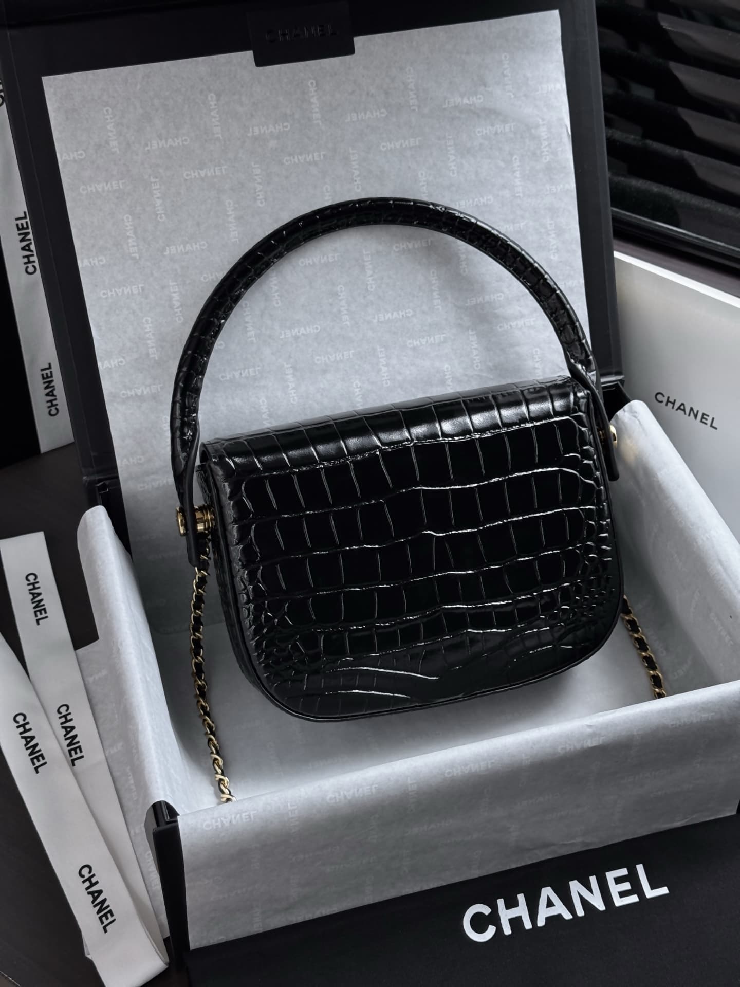 Chanel Mini Flap Bag with Top Handle Crocodile Embossed Calfskin & Gold-Tone Metal Black AS6424 A
