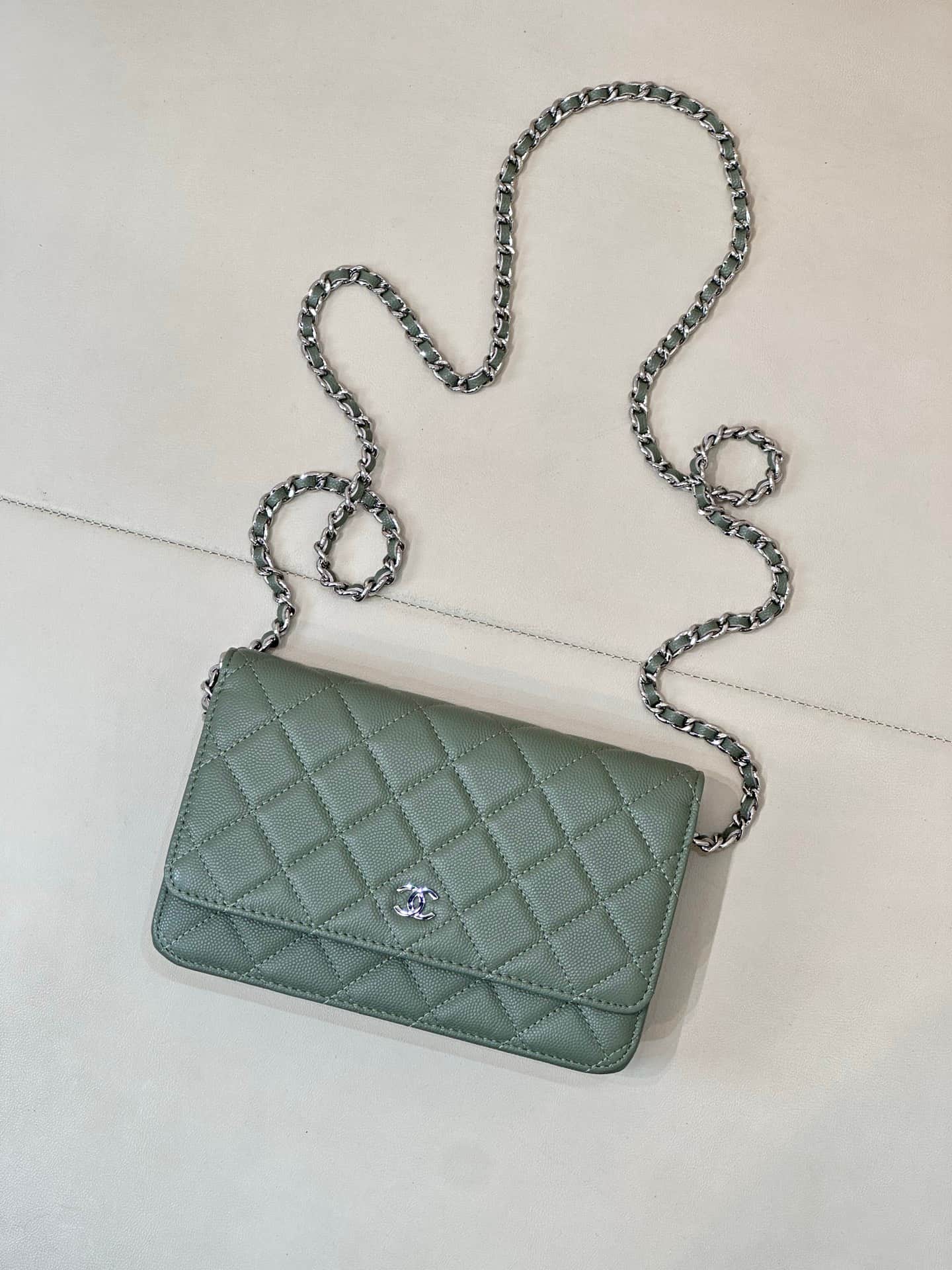 Chanel Wallet on Chain Grained Calfskin& Sliver-tone Metal AP0250 Green TOP