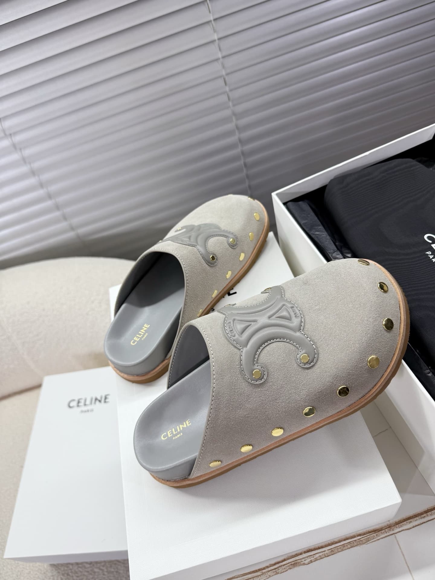 Celine Suede Studded Accents Slides Shoes Women