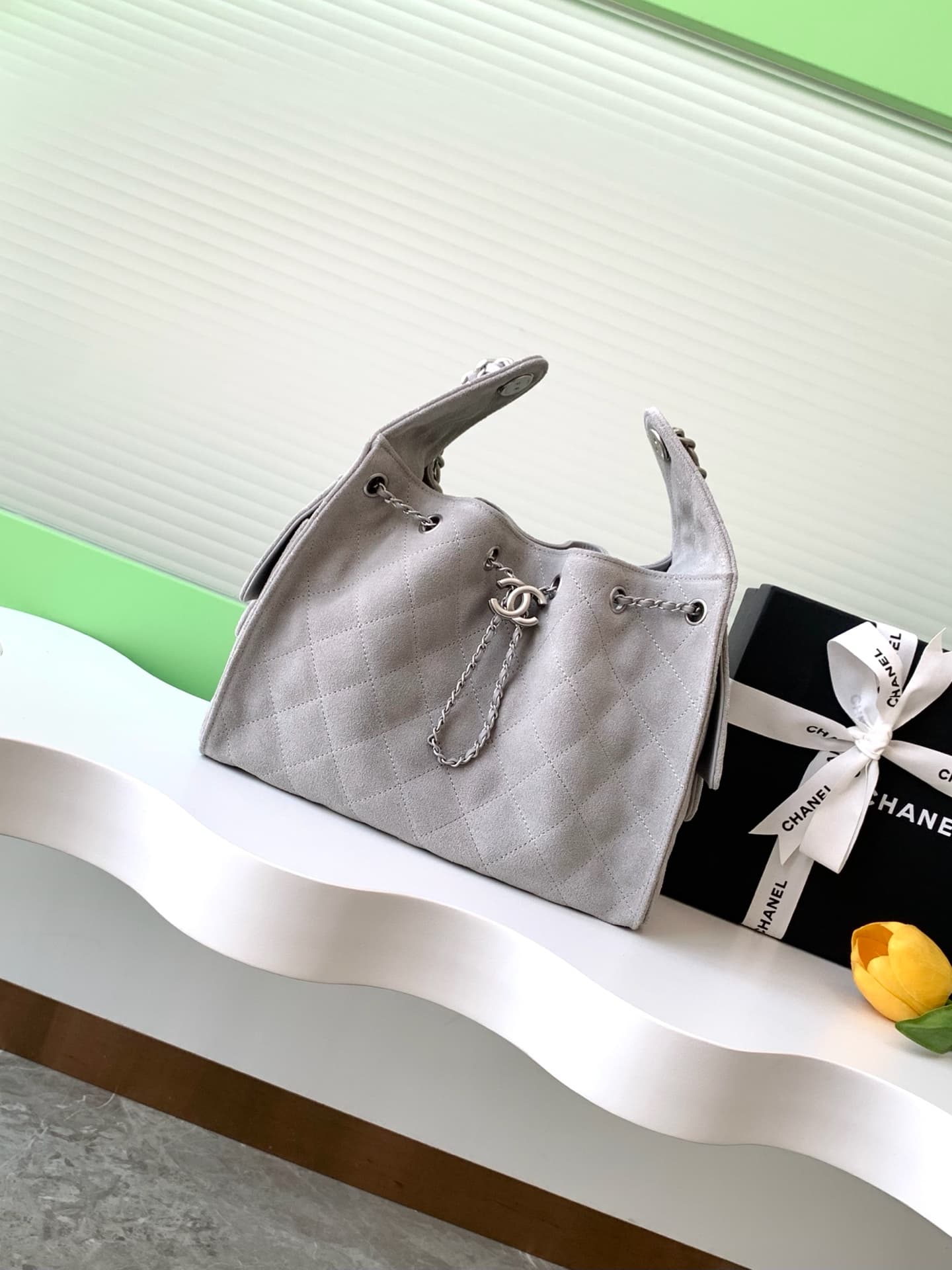 Chanel 25 Small Hobo handbag AS5293 Suede & silver-tone metal Grey A