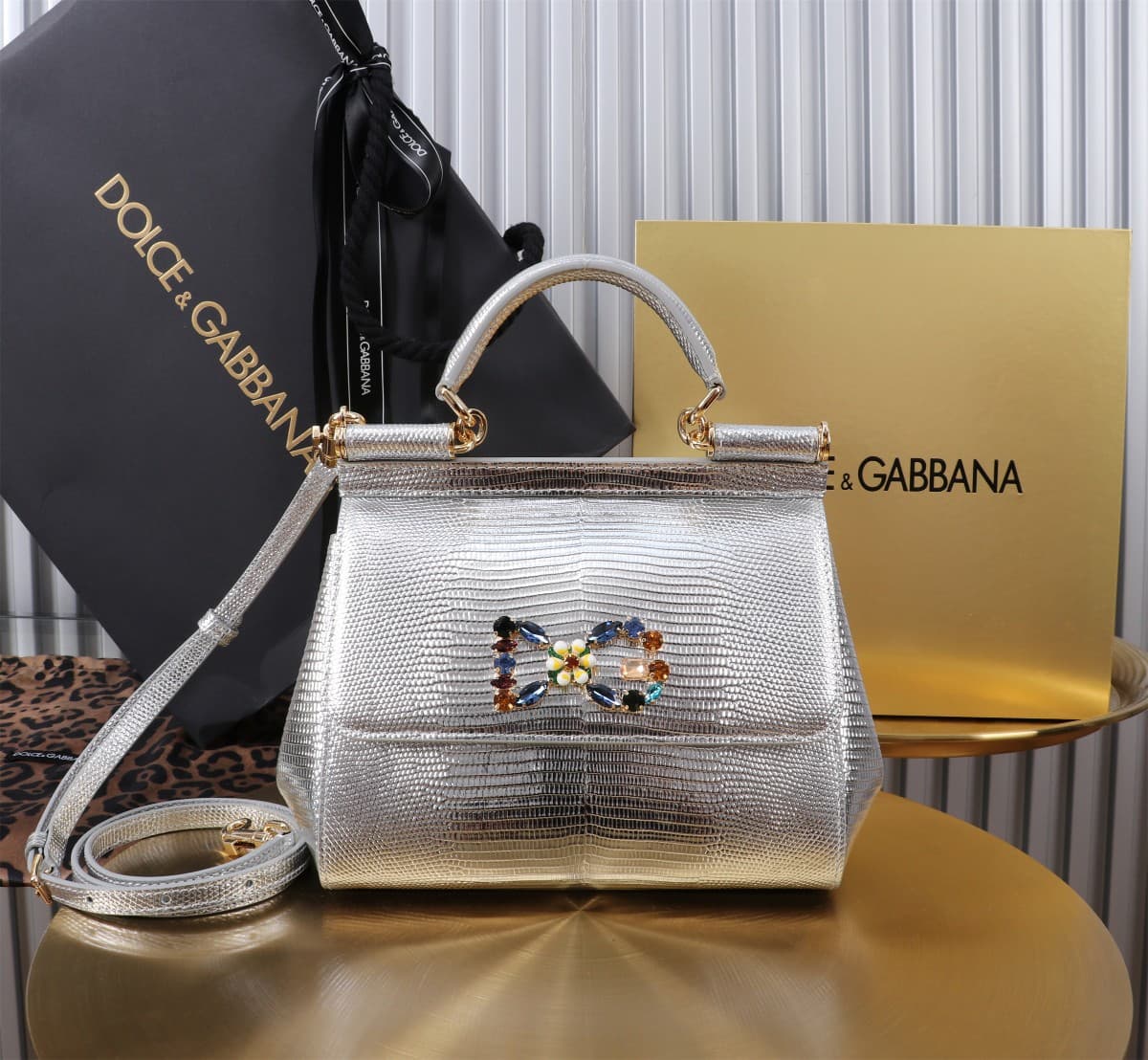 Sicily Handbag 20cm in Iguana Print Calfskin and Crystal DG Logo Patch High