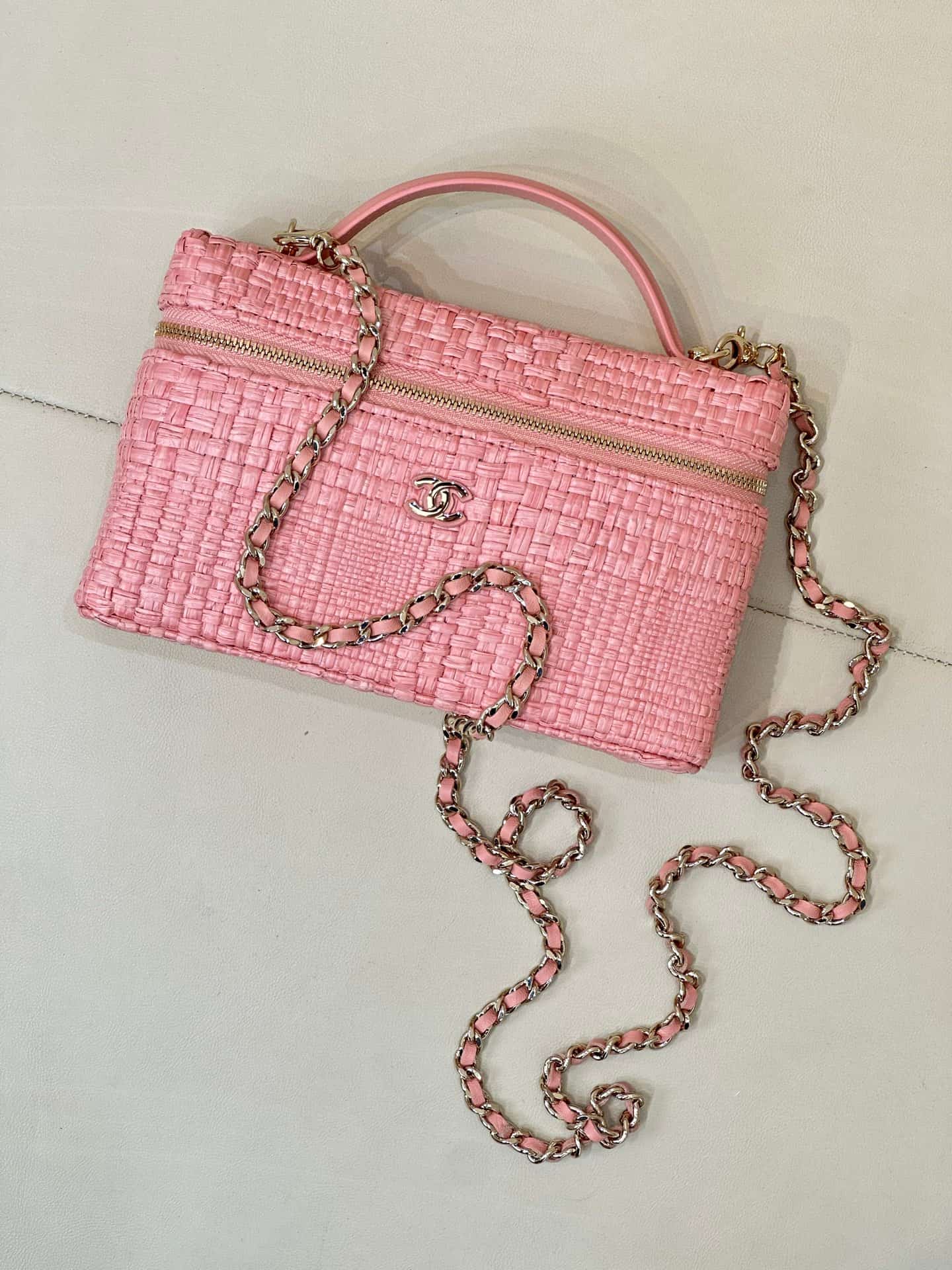 Chanel Classic Vanity with Chain Braided Raffia & Gold-Tone Metal Pink AP4385 TOP