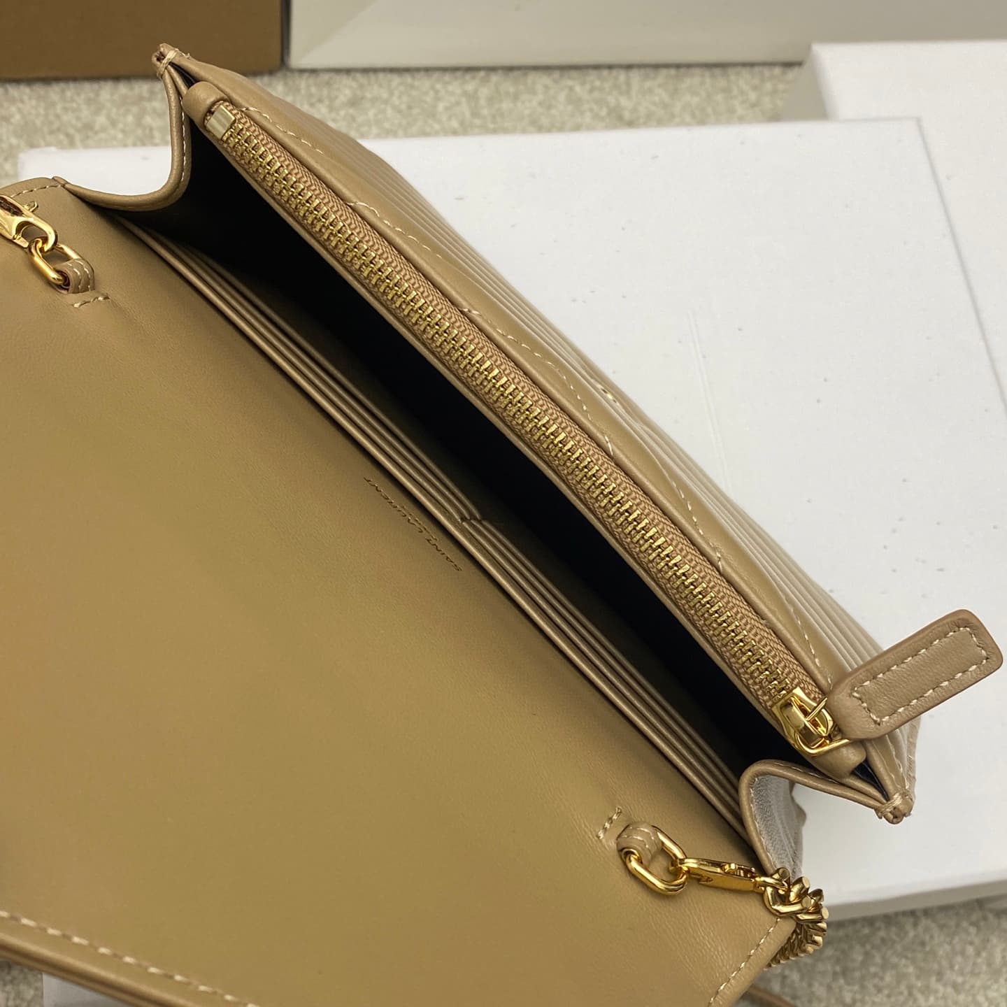 Saint Laurent Monogram Matelassé Cassandre Wallet on Chain Milk Tea Apricot Lambskin 393953 High