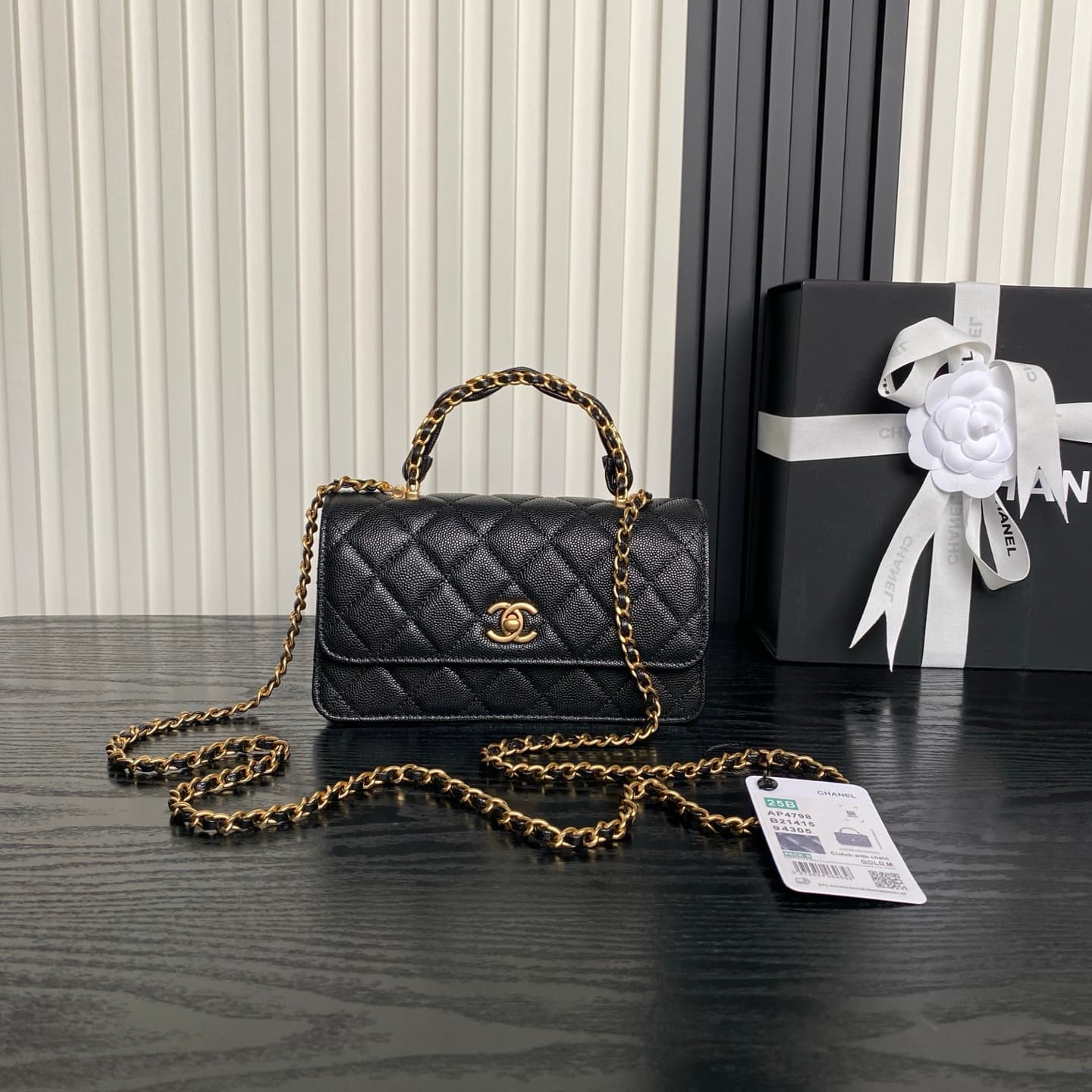 Chanel Mini Flap Bag with Top Handle Grained Shiny Calfskin & Gold-Tone Metal Black AP4798 A
