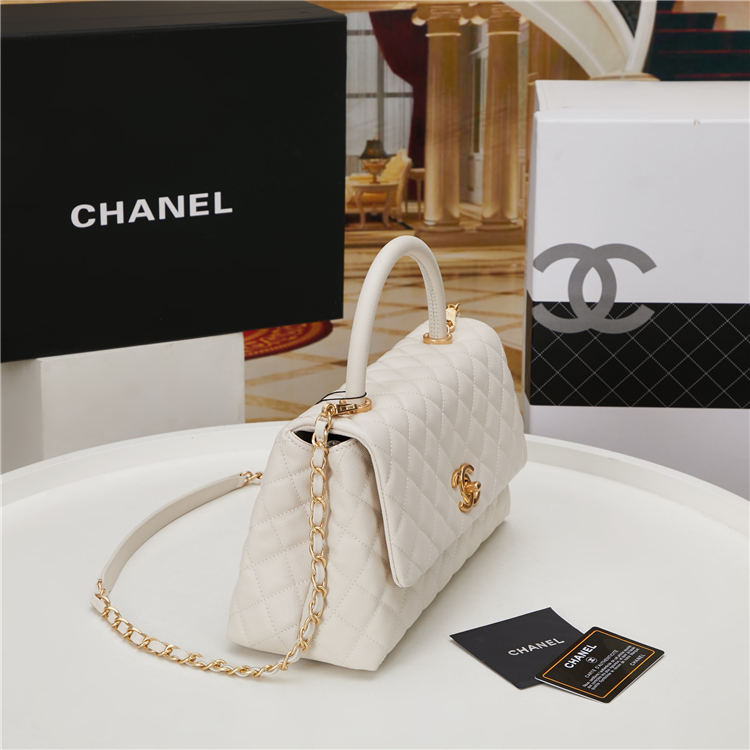Medium FLAP BAG WITH TOP HANDLE Grained Calfskin Gold Metal High