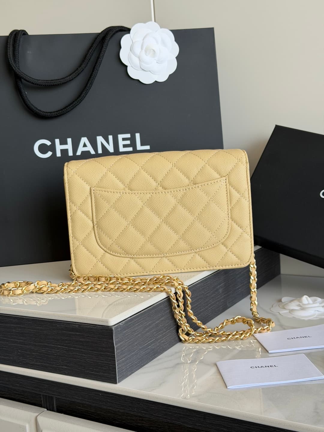 Chanel Wallet on Chain Shiny Grained Calfskin Strass & Gold-Tone Metal Yellow AP5073 High