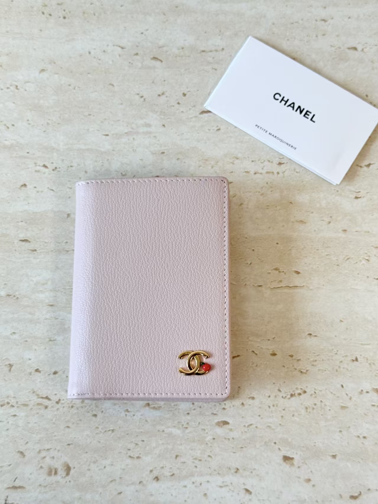 Chanel Passport Holder Grained Goatskin, Enamel & Gold-Tone Metal Light Pink AP5303 A