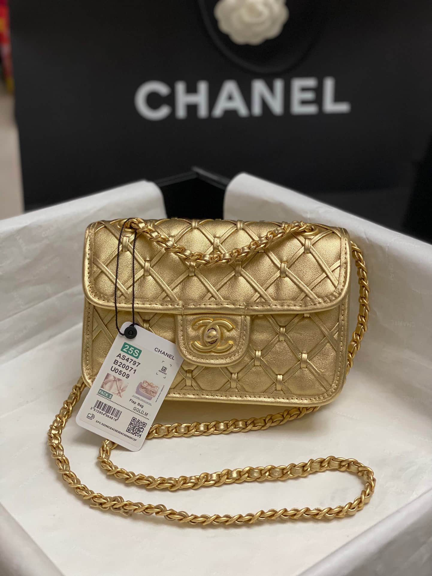 Chanel Mini Flap Bag Metallized Braided Calfskin & Gold-Tone Metal  Gold AS4797 High