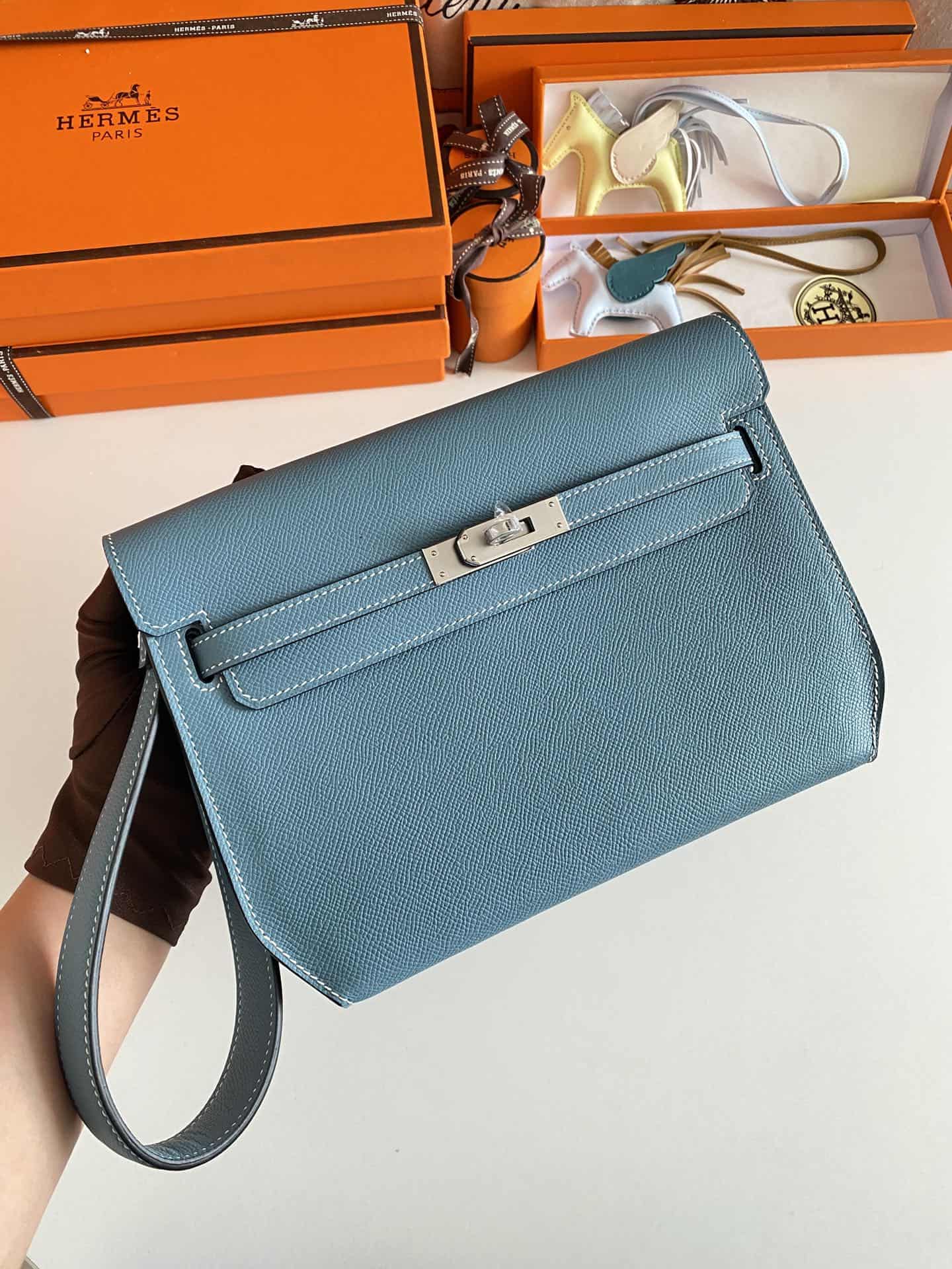 Hermes Kelly Depeches 25 Pouch Epsom Leather Denim Fonce WAX High