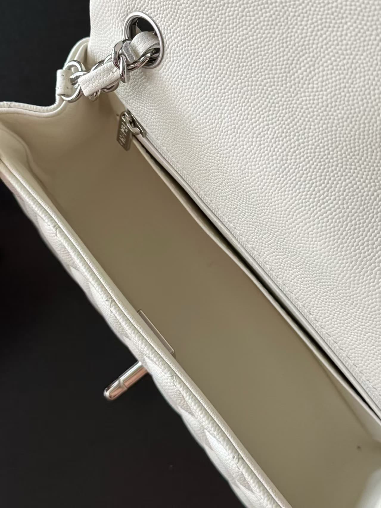 CHANEL Mini Classic Handbag Grained Calfskin & Silver-tone Metal A69900 White TOP