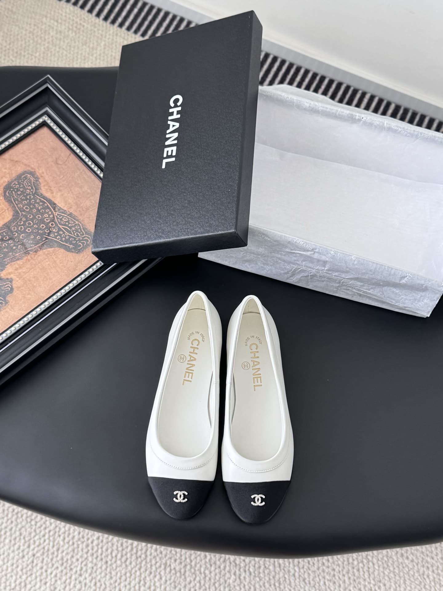 Chanel Lambskin Cap Toe CC Uniform Ballerina Flats Shoes Women