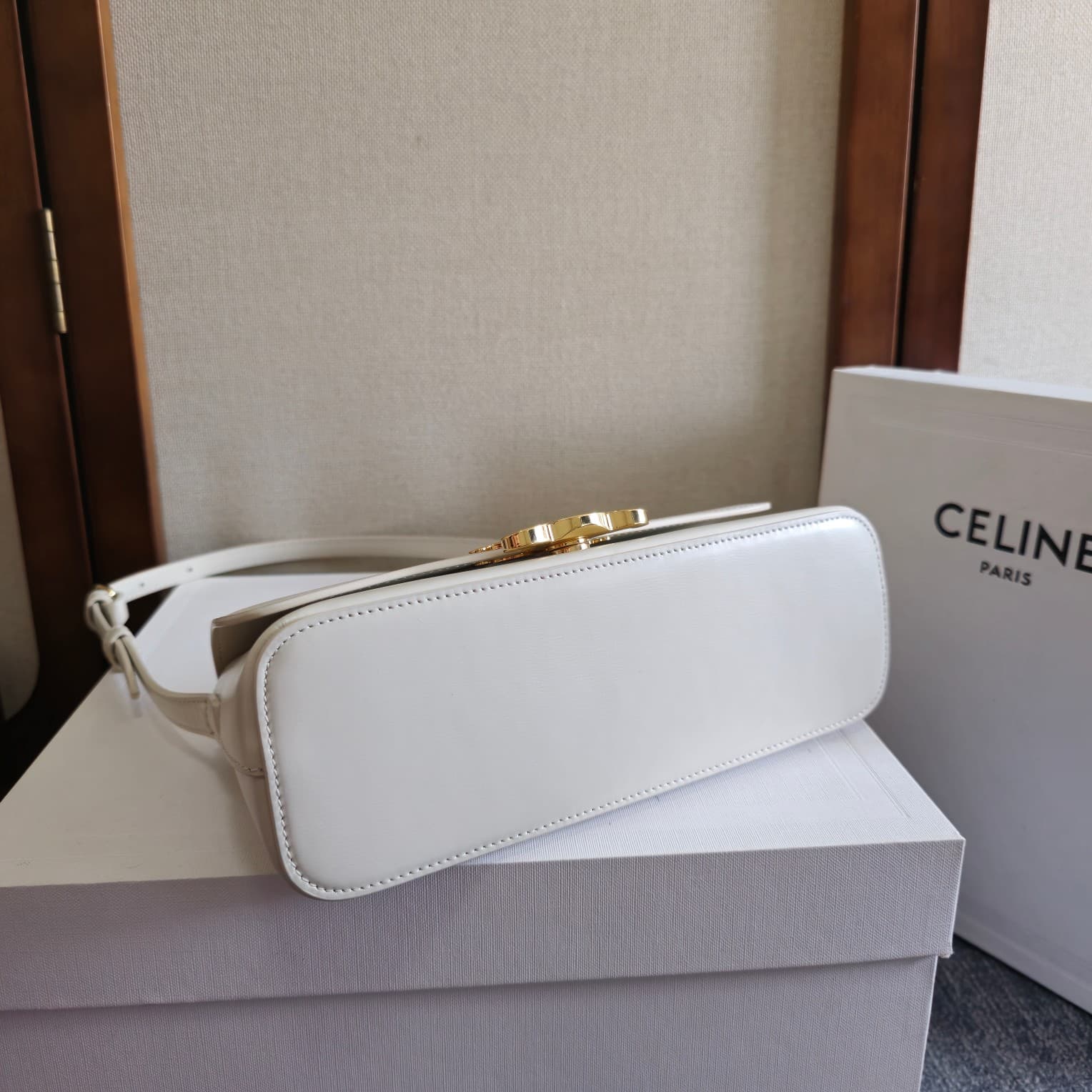 Celine Triomphe Shoulder Bag in Shiny Calfskin White High