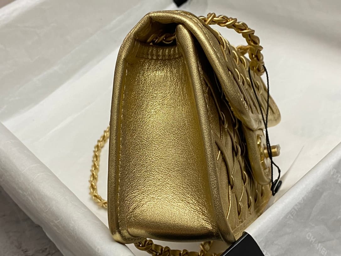 Chanel Mini Flap Bag Metallized Braided Calfskin & Gold-Tone Metal  Gold AS4797 High