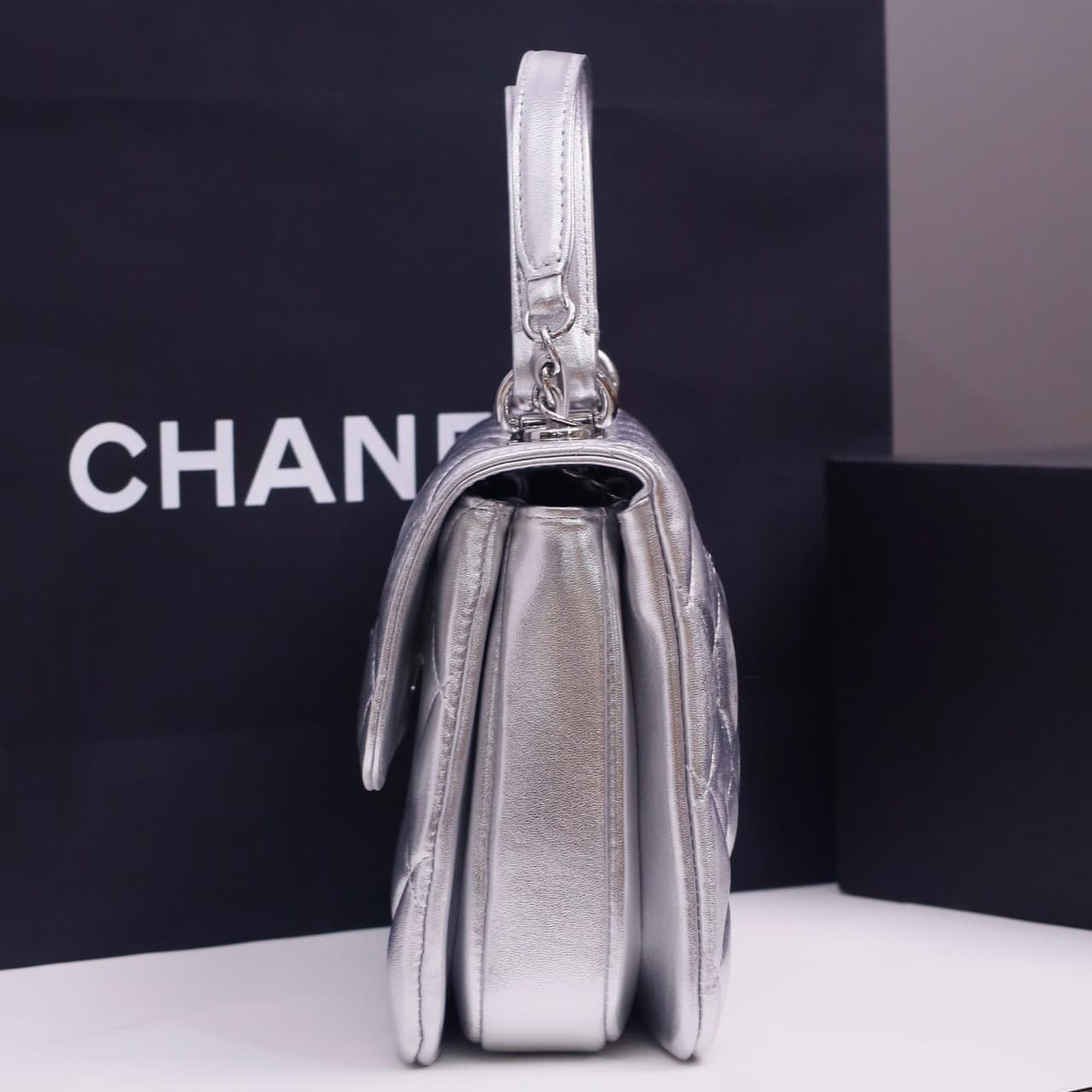 SMALL FLAP BAG WITH TOP HANDLE Lambskin Silver Metal Silver A