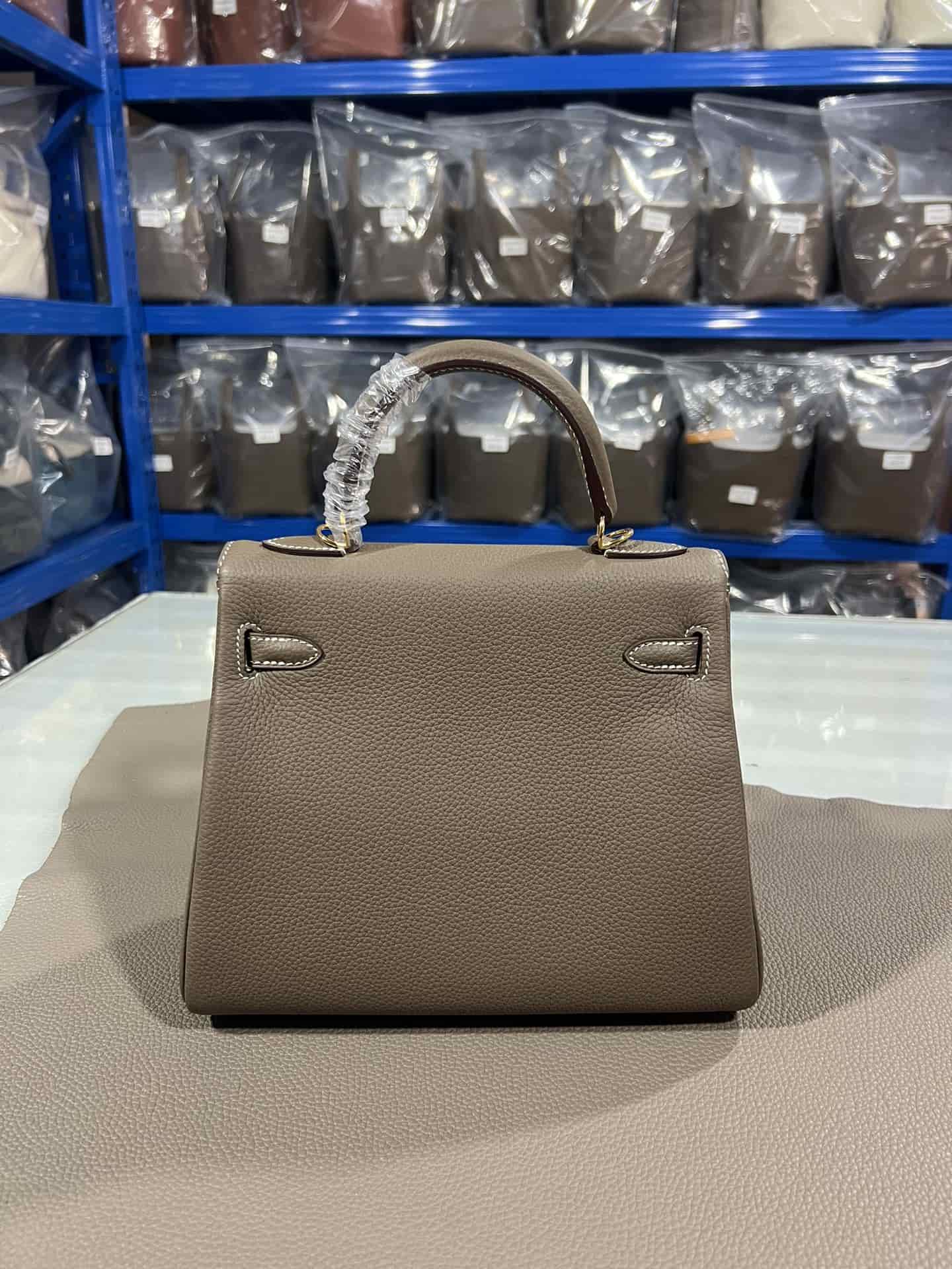 Hermes Kelly 25/28/32cm Retourne Bag Togo Leather In Etoupe WAX High