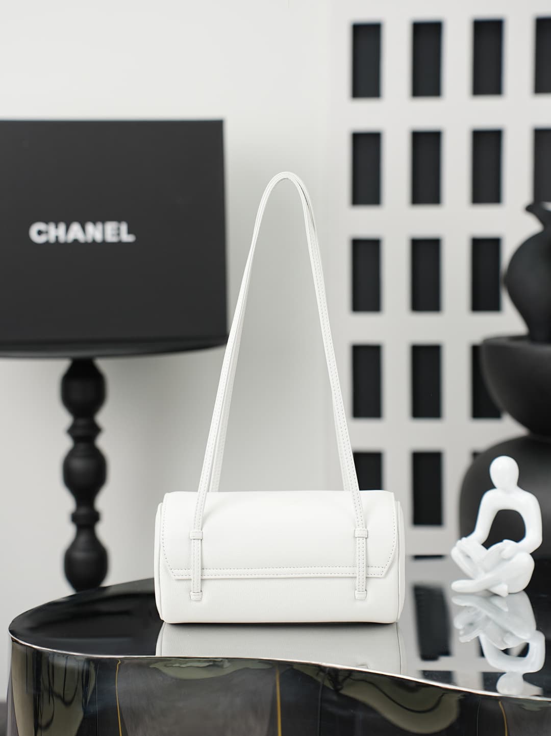 Chanel Small Bowling Bag Grained Shiny Calfskin & Gold-Tone Metal AS6143 Whtie High