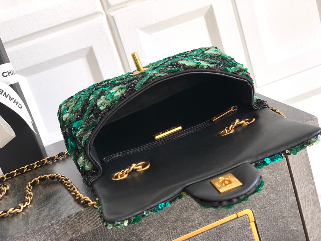 Chanel Classic Mini Flap Bag Sequins Embroidery & Gold-Tone Metal Green 6171 A