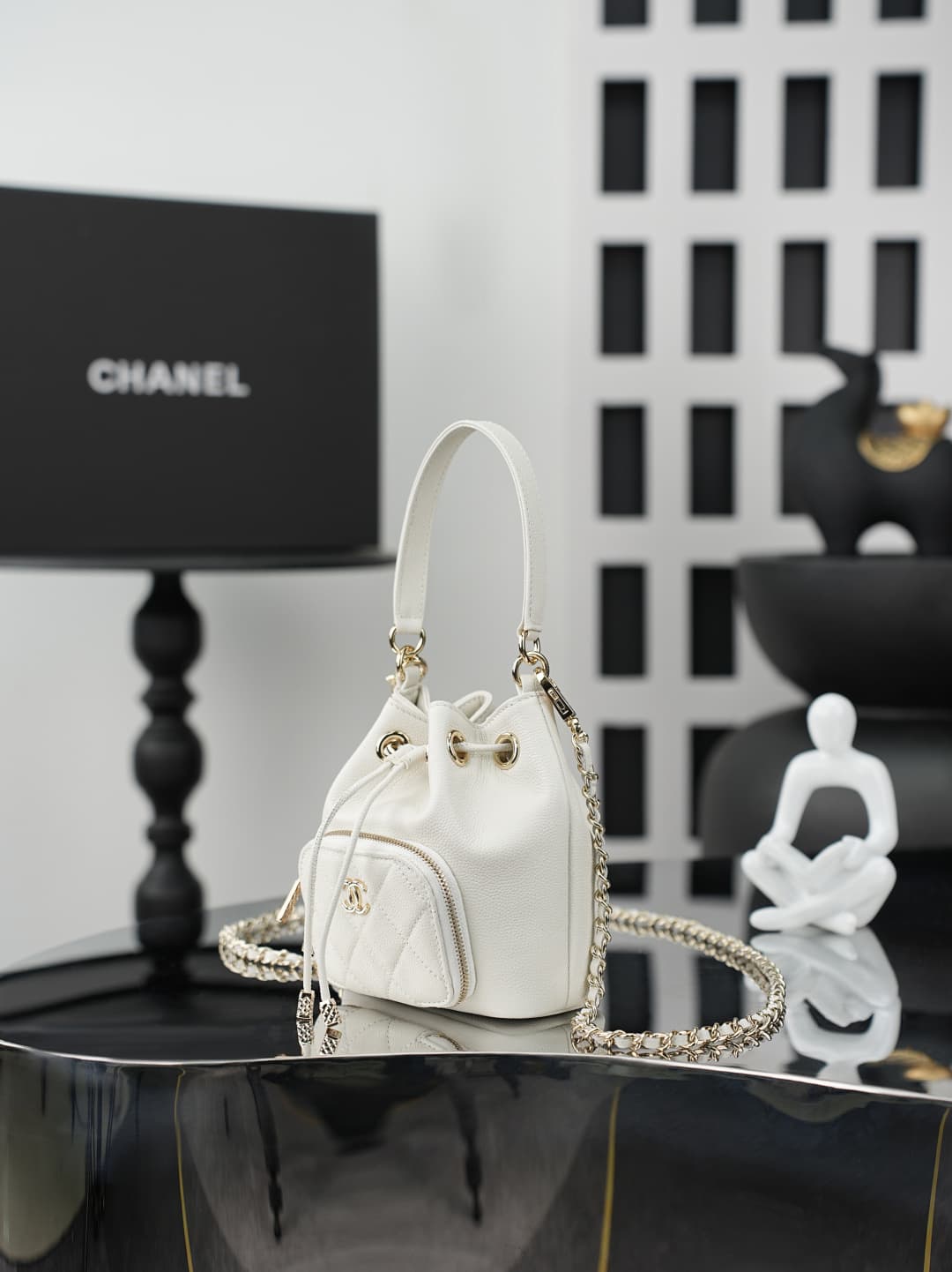 Chanel Business Affinity Bucket Bag Grained Calfskin&Gold-Tone Metal White AS4775 A