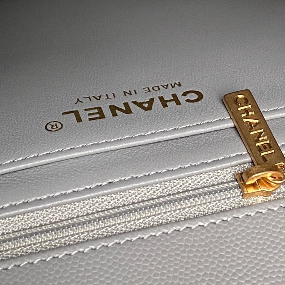 Chanel Small Flap Bag with Top Handle Grained Shiny Calfskin &  Gold-Tone Metal Grey AS5702 A