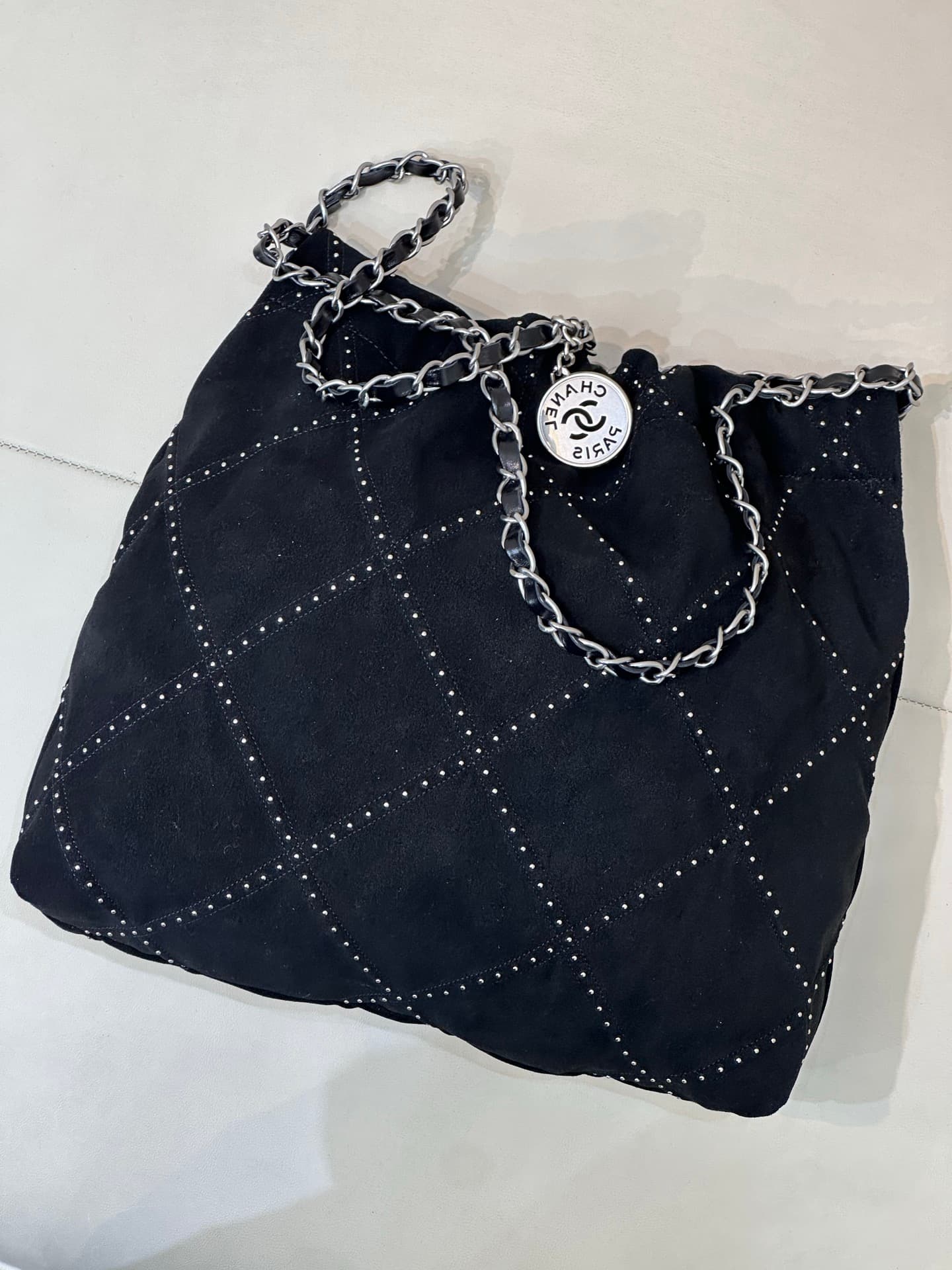 Chanel 22 Small handbag Suede calfskin studs & silver-tone metal AS3260 Black TOP