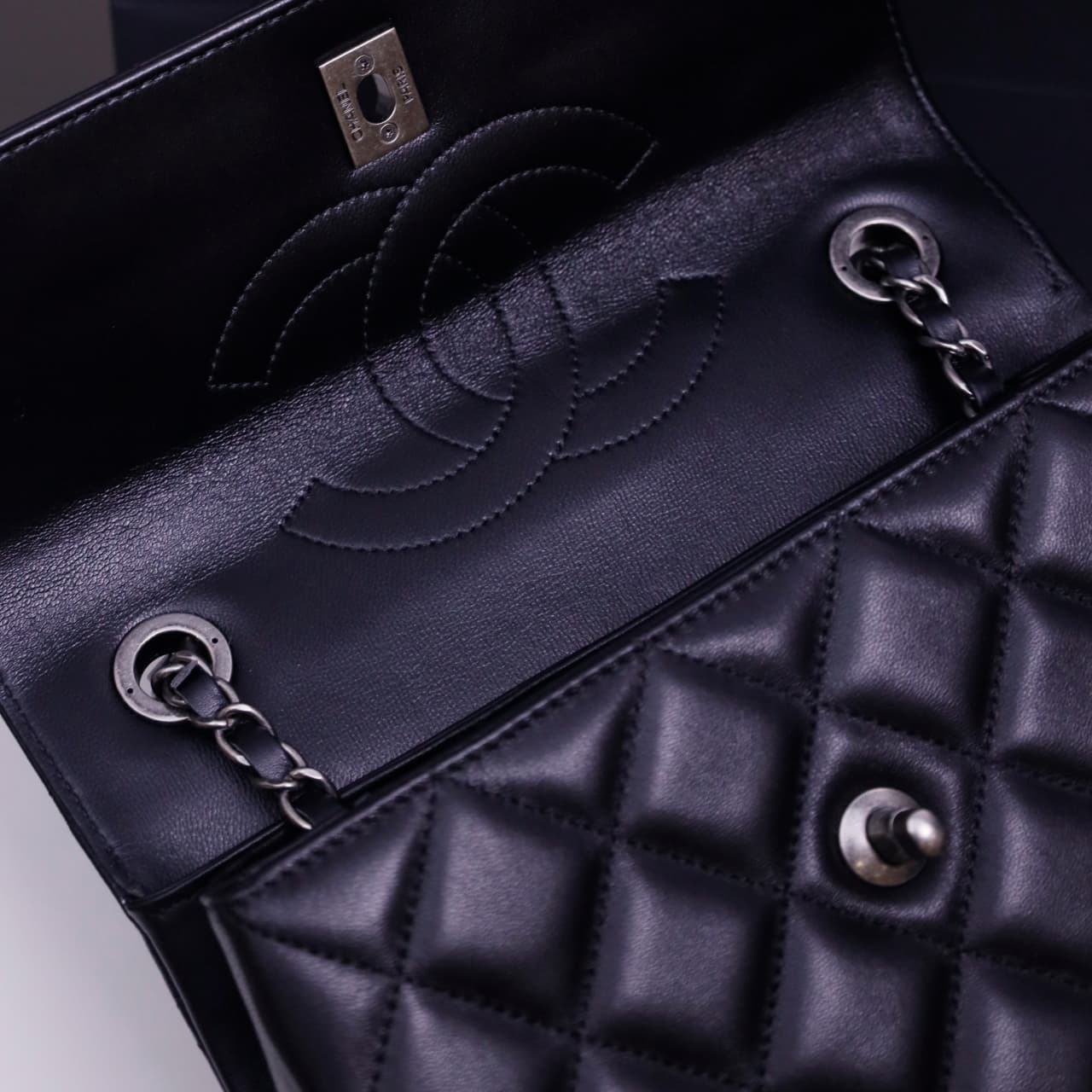 SMALL FLAP BAG WITH TOP HANDLE Lambskin Silver Metal Black A