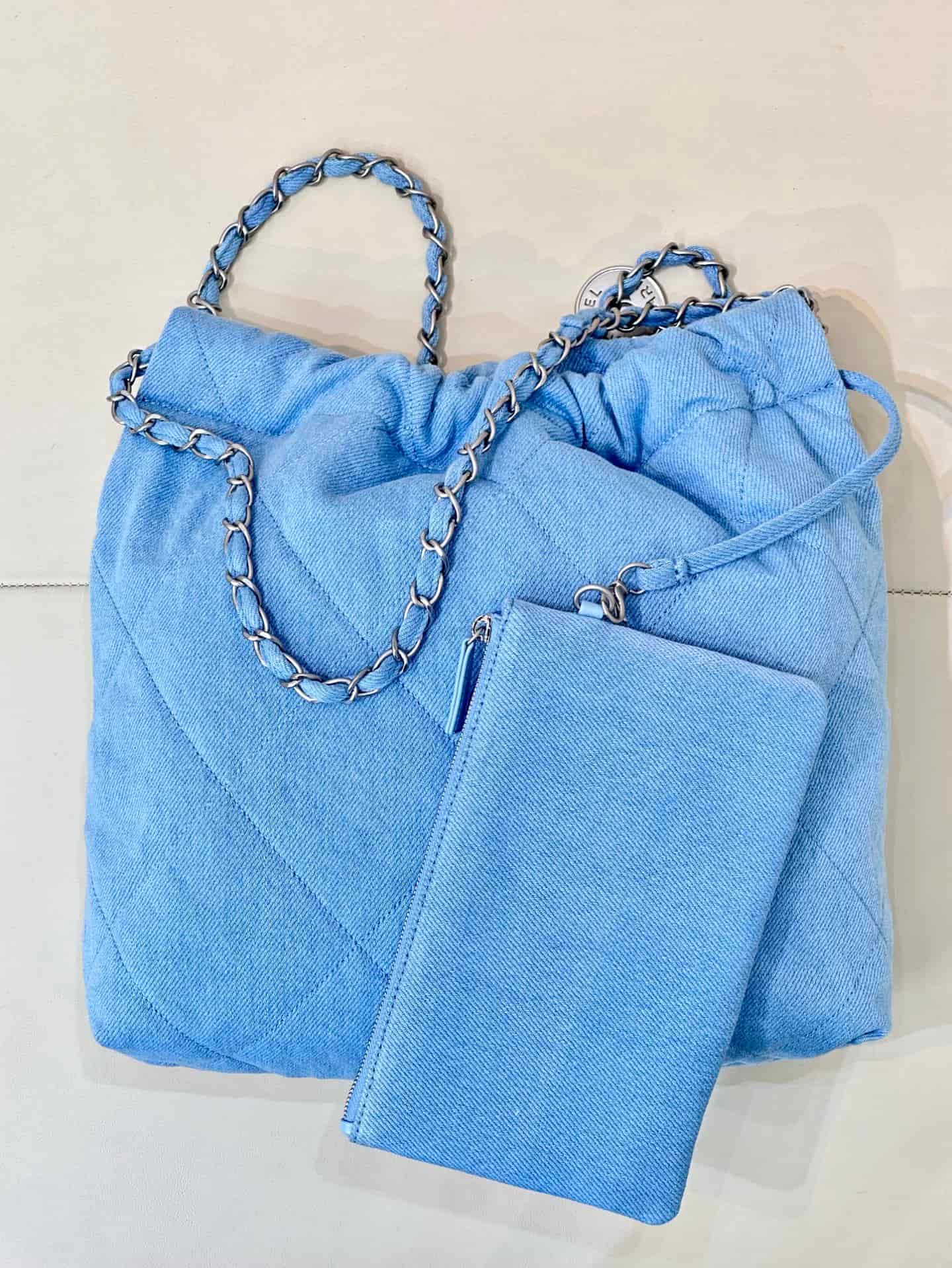 Chanel 22 Small handbag Washed denim & silver-tone metal AS3260 blue TOP