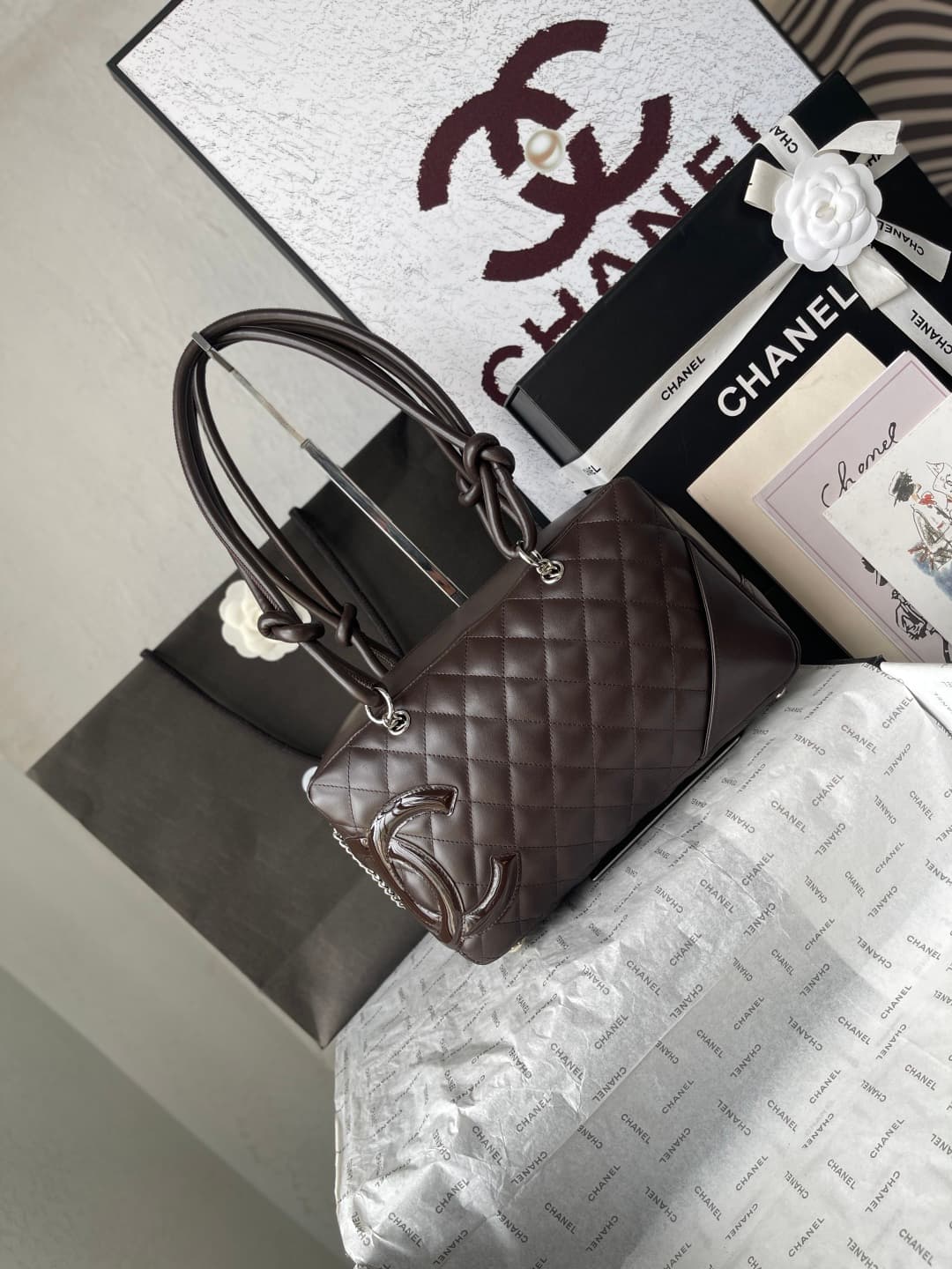Chanel Cambon Ligne Bowler bag Calfskin & Silver-Tone Metal AS25171 Dark Brown High
