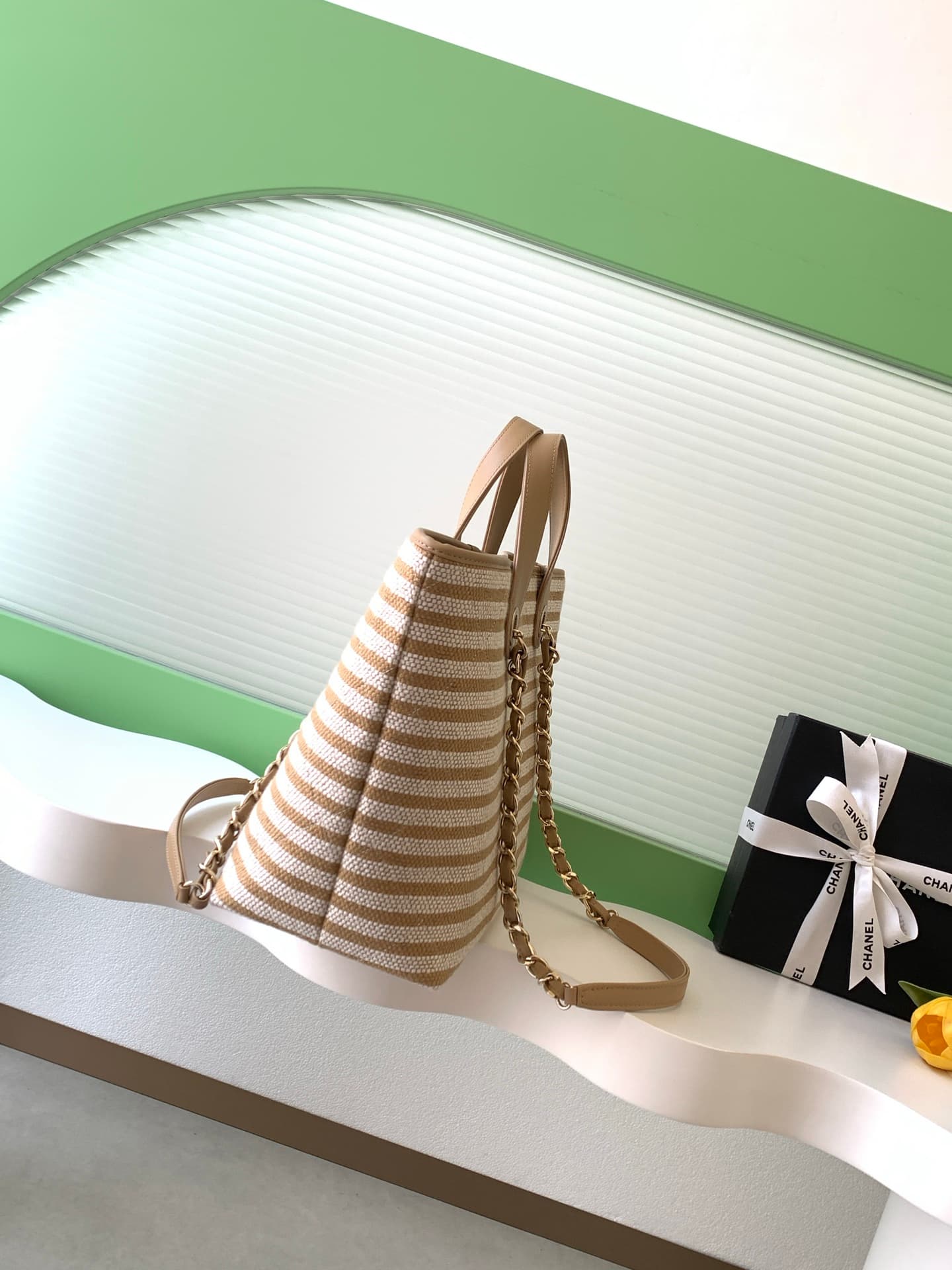 Chanel Deauville tote bag Striped canvas & Gold-Tone Metal Beige AS6007 A
