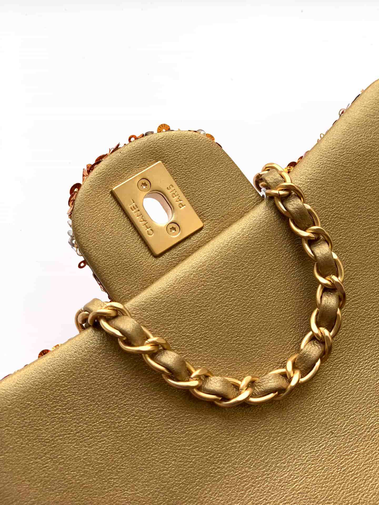 Chanel Classic Mini Flap Bag Sequins Embroidery & Gold-Tone Metal Gold 6171 A