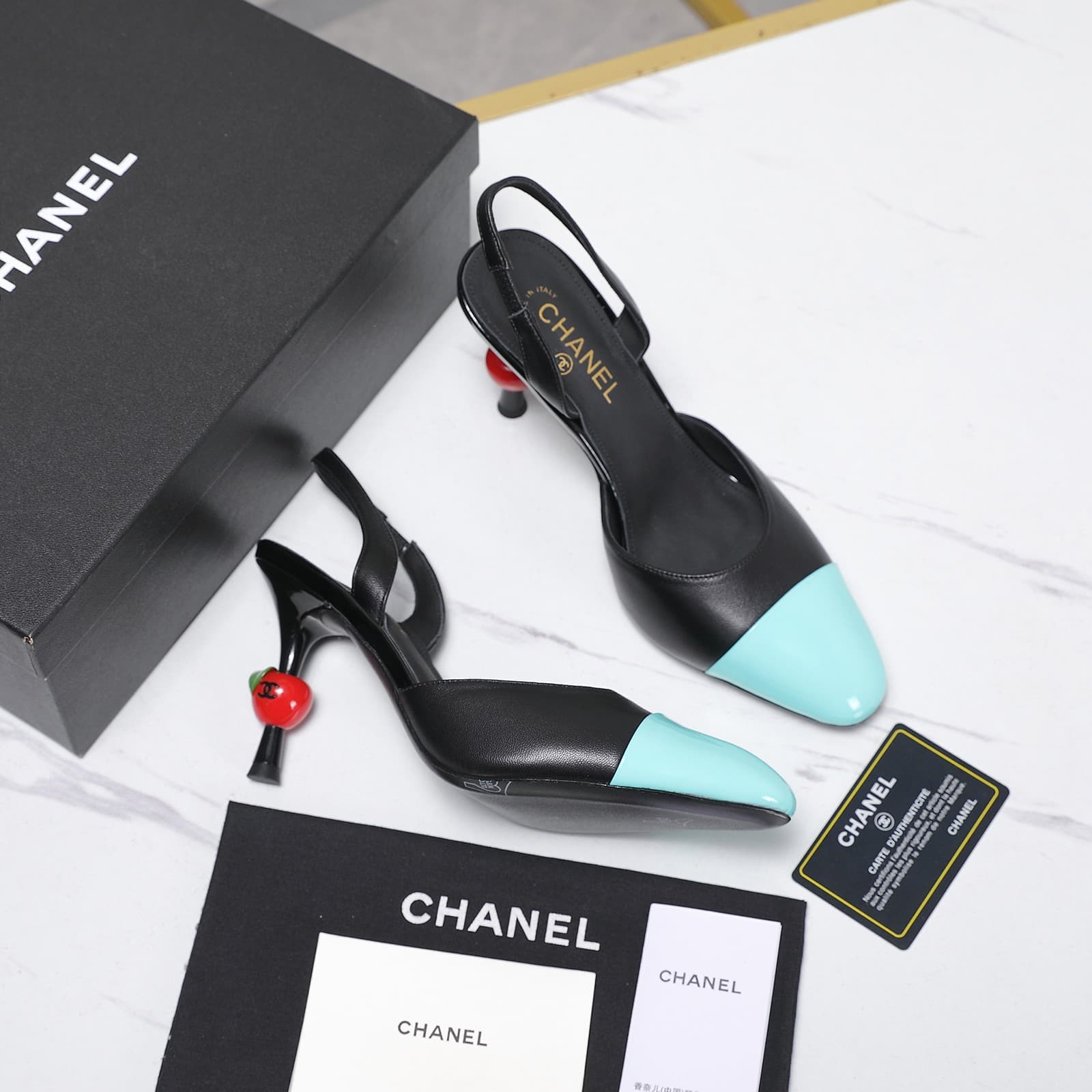 Chanel Lambskin Patent Cap Toe CC Slingback Pumps