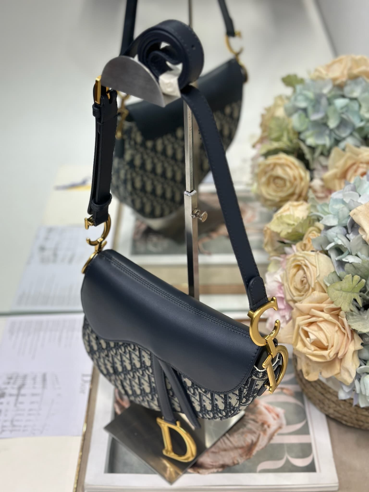 SADDLE BAG Oblique Jacquard  Blue with Beige High
