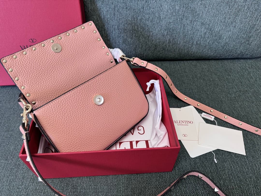 Valentino Garavani Mini Rockstud Grainy Leather Crossbody Bag in Nude Pink High