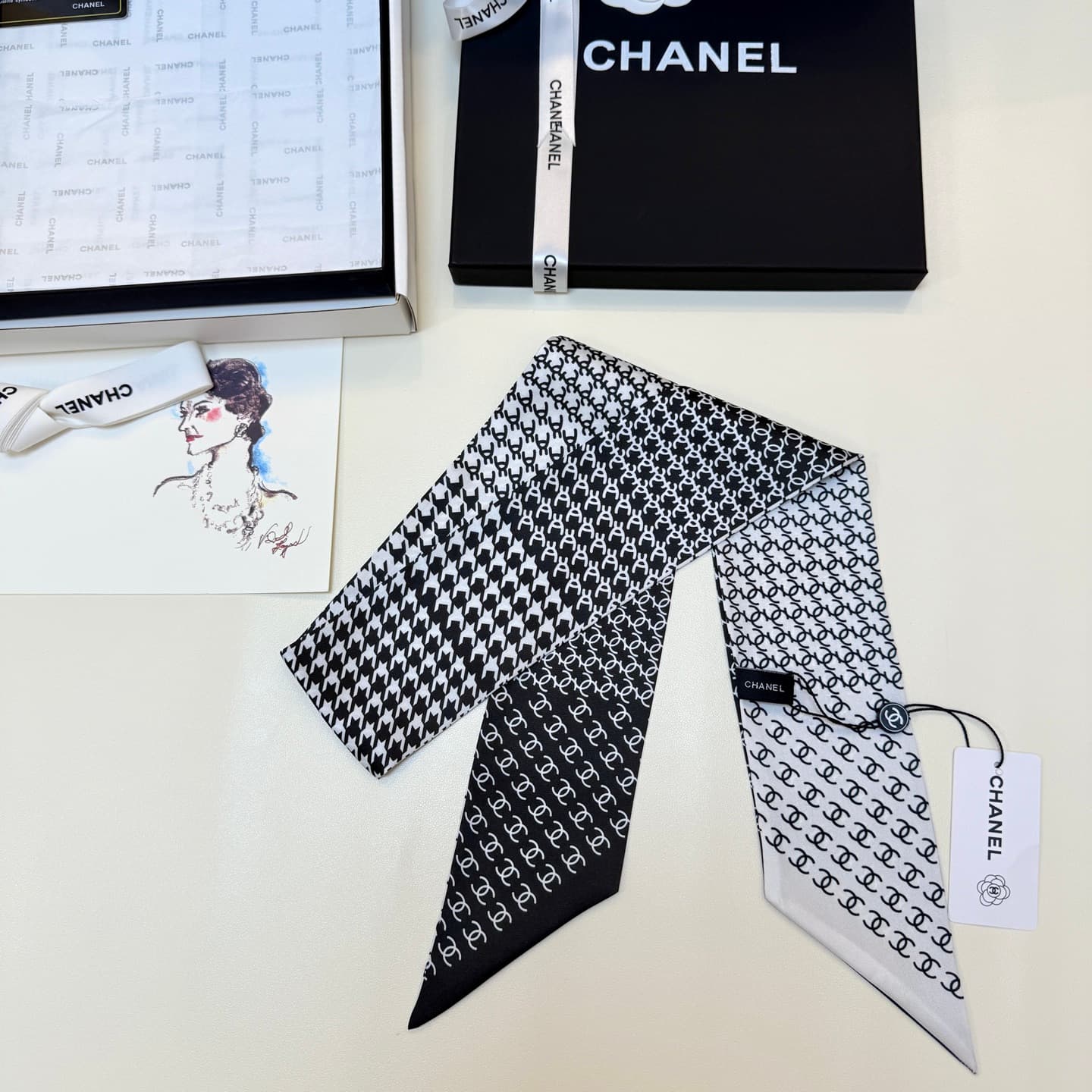 Chanel Silk Twill Houndstooth Slim Bandeau Scarf
