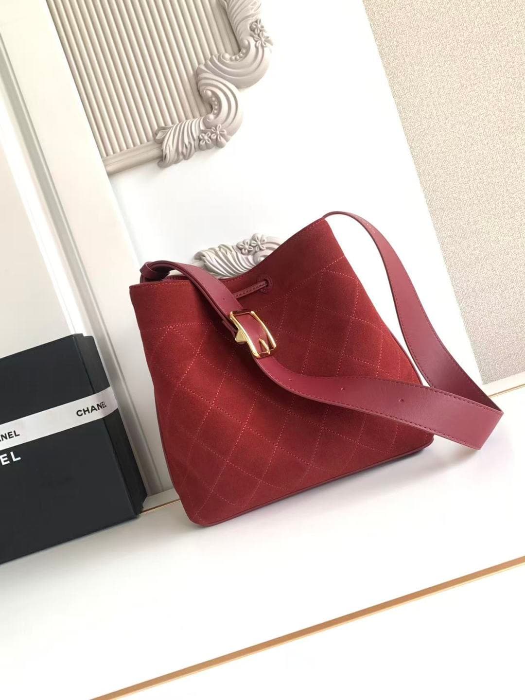 Chanel Small Bucket Bag Suede Calfskin & Gold-Tone Metal Burgundy AS6584 A