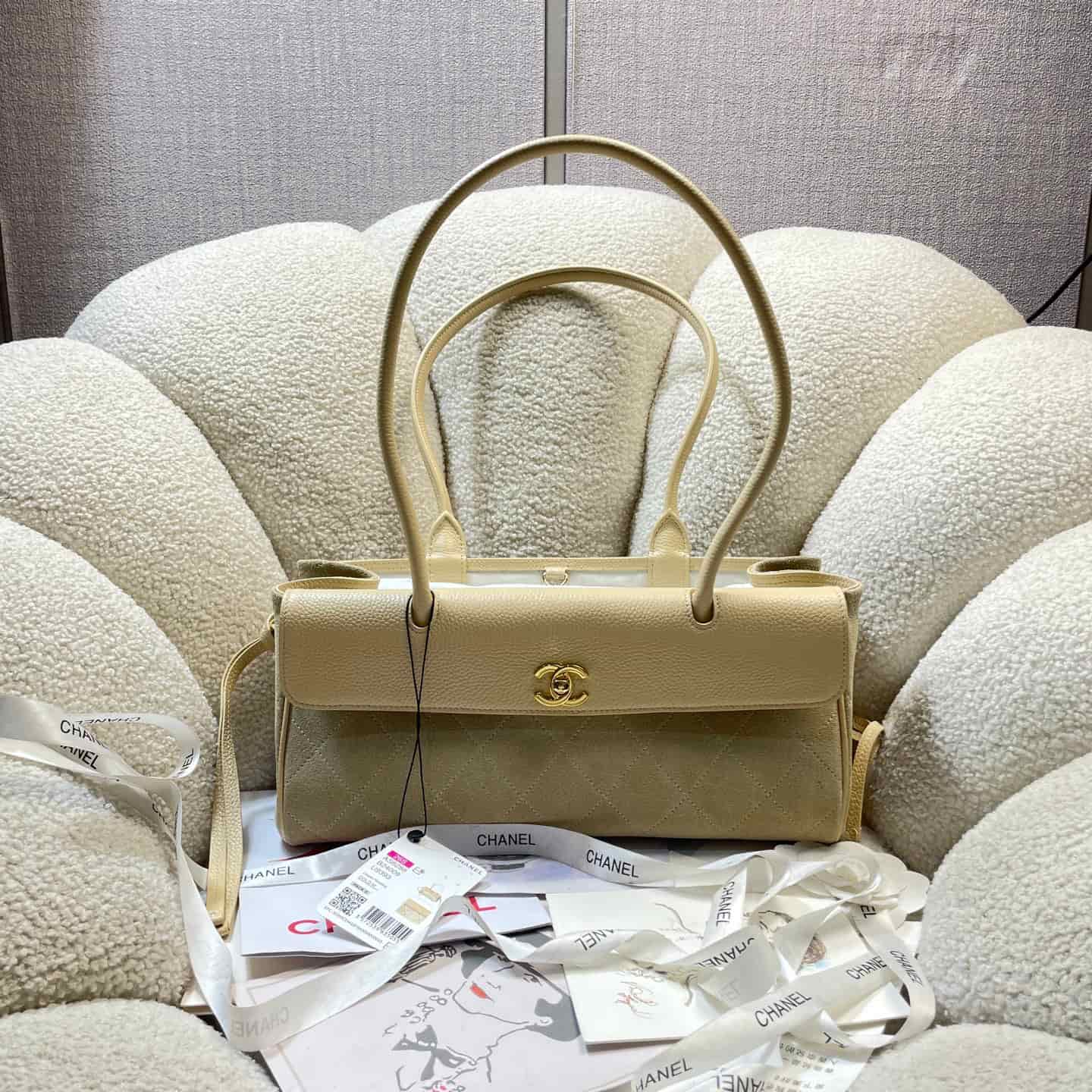 Chanel SMALL SHOPPING BAG Suede with Calfskin& Gold-Tone Beige AS6288 A