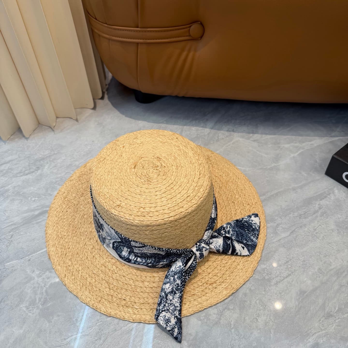 Dior D-Bobby Large Brim Hat Straw with Blue and White