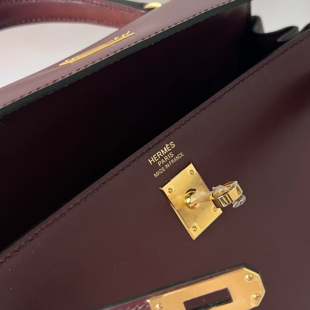 Hermes Kelly 25/28/32cm Retourne Bag Box Leather In Burgundy WAX High Customizing style