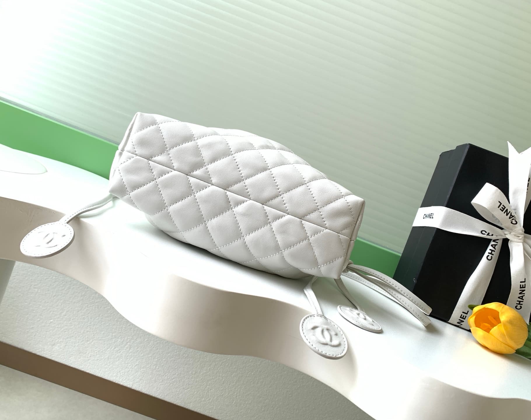 Chanel Clutch with Leather Strap Quilted Leather & Gold-tone Metal AP5227 White A
