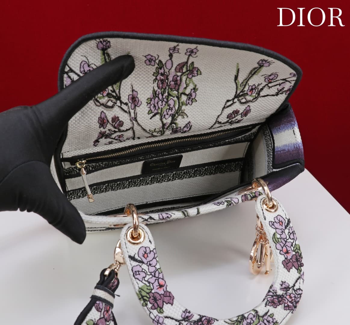 Medium Lady D-Lite Bag White and Purple Embroidery High