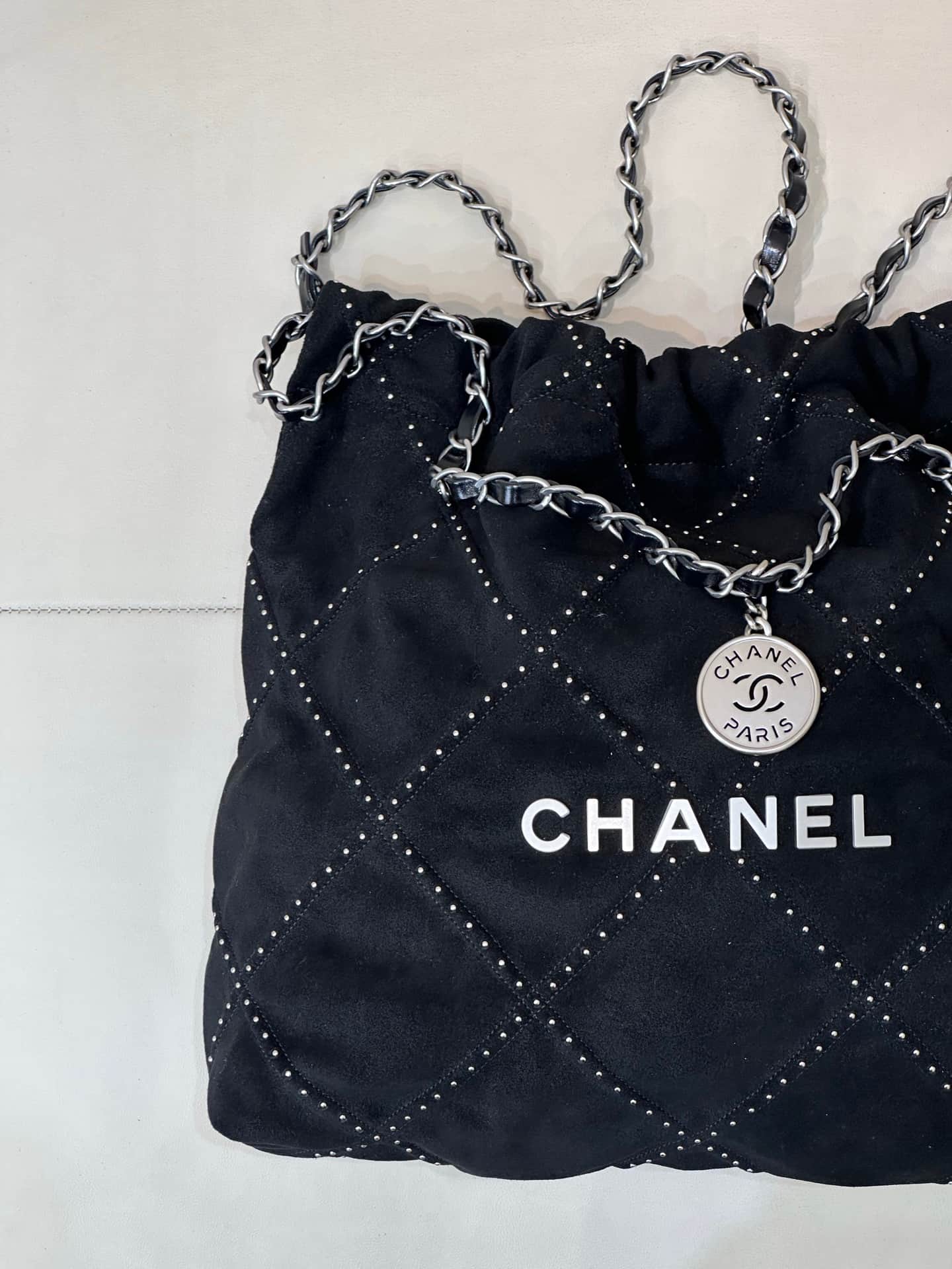 Chanel 22 Small handbag Suede calfskin studs & silver-tone metal AS3260 Black TOP