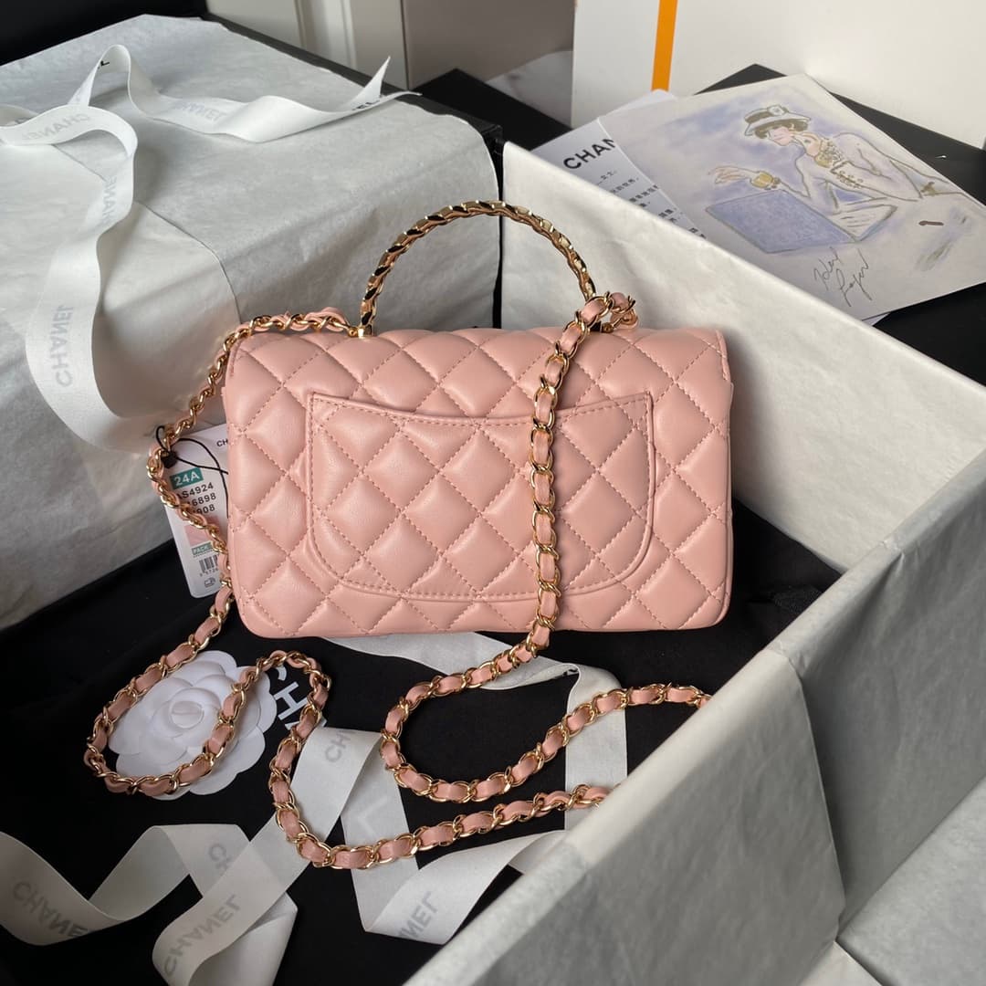 Chanel Mini Flap Bag with Top Handle Lambskin& Gold-Tone Metal Pink AS4924 A