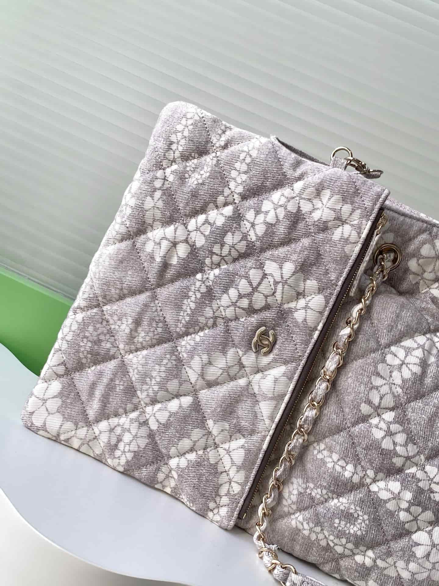 Chanel Beach Hobo Handbag Printed Cotton & Gold-Tone Metal AS5429 White and Grey A