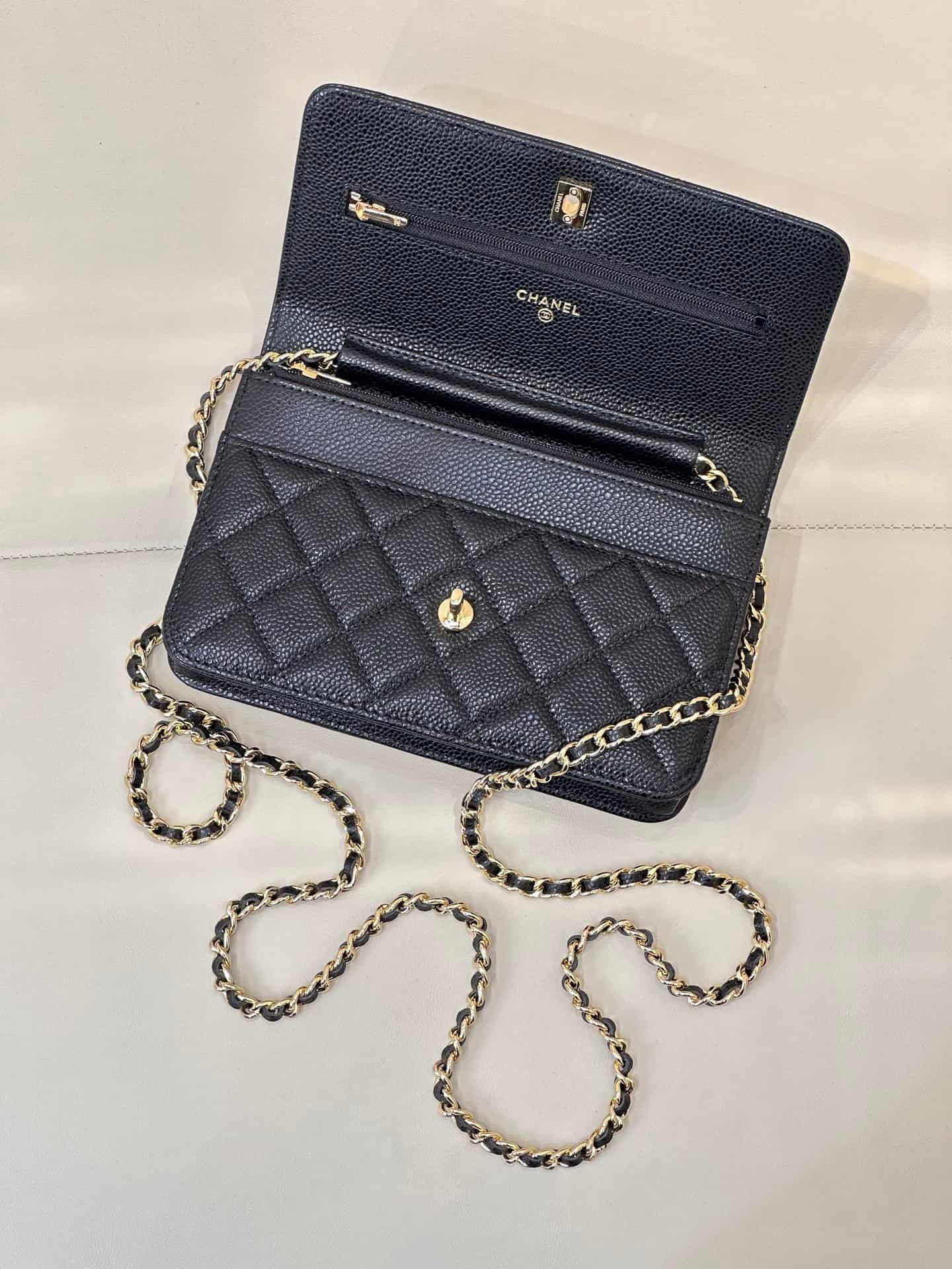 Chanel Classic Wallet on Chain Grained Shiny Calfskin & Gold-Tone Metal AP4241 Black TOP