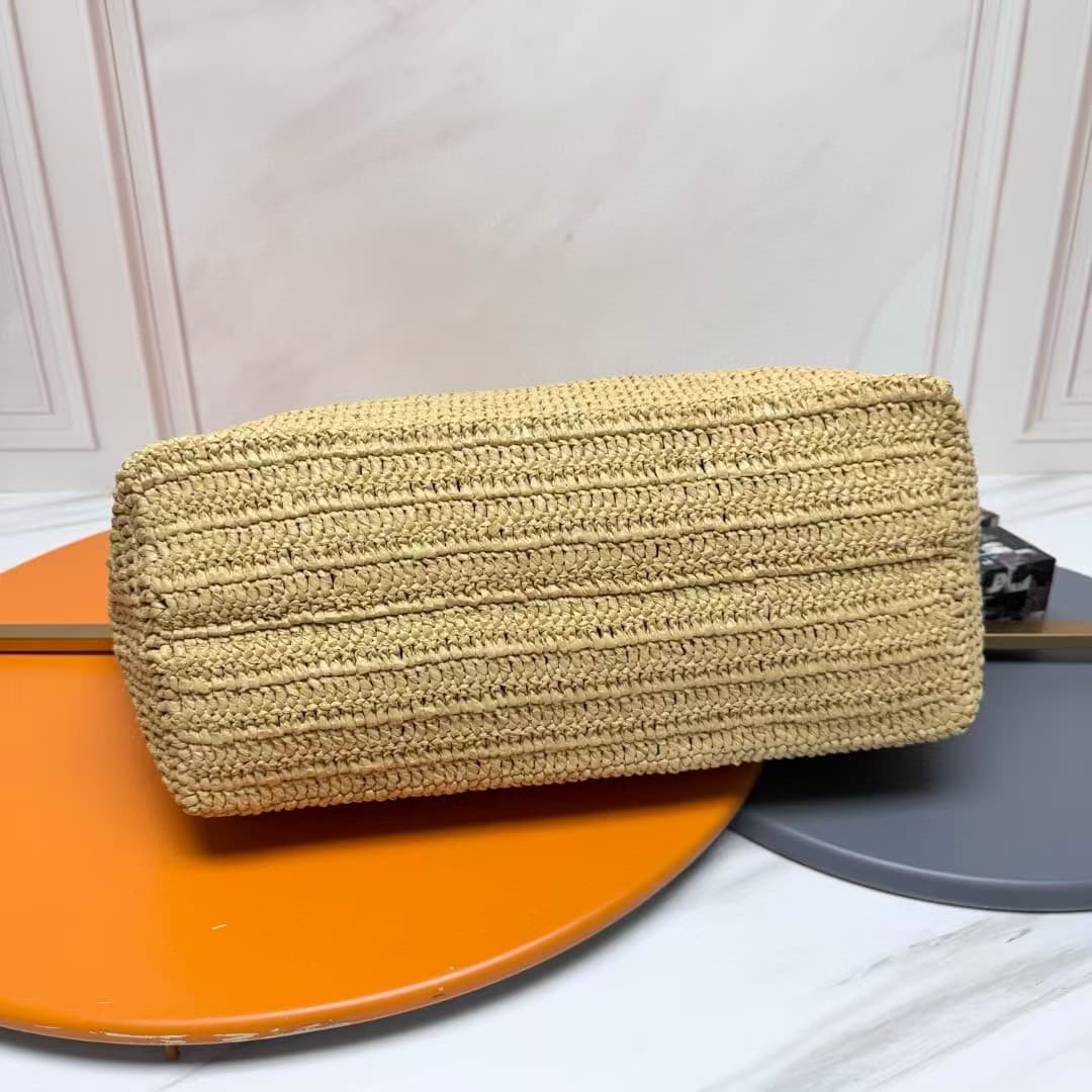 YSL Large Logo Embroidered Raffia Tote Bag High