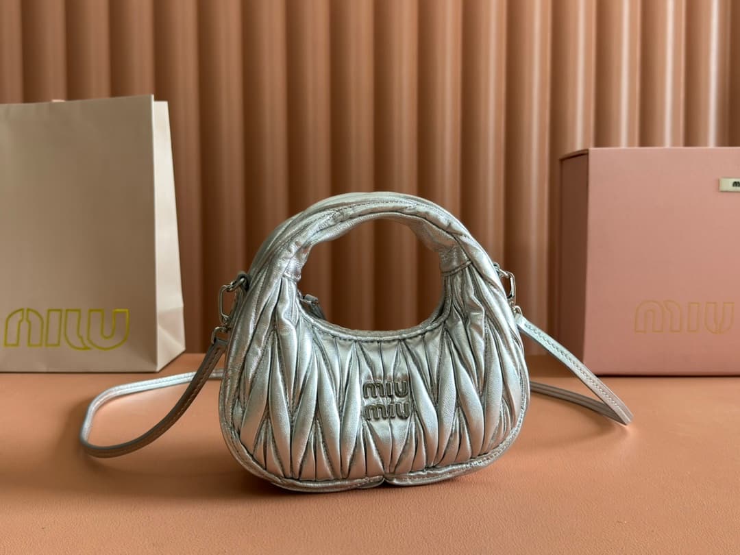 Miu Miu Silver Wander Matelassé Nappa Leather Hobo Mini-bag 5BP078 High