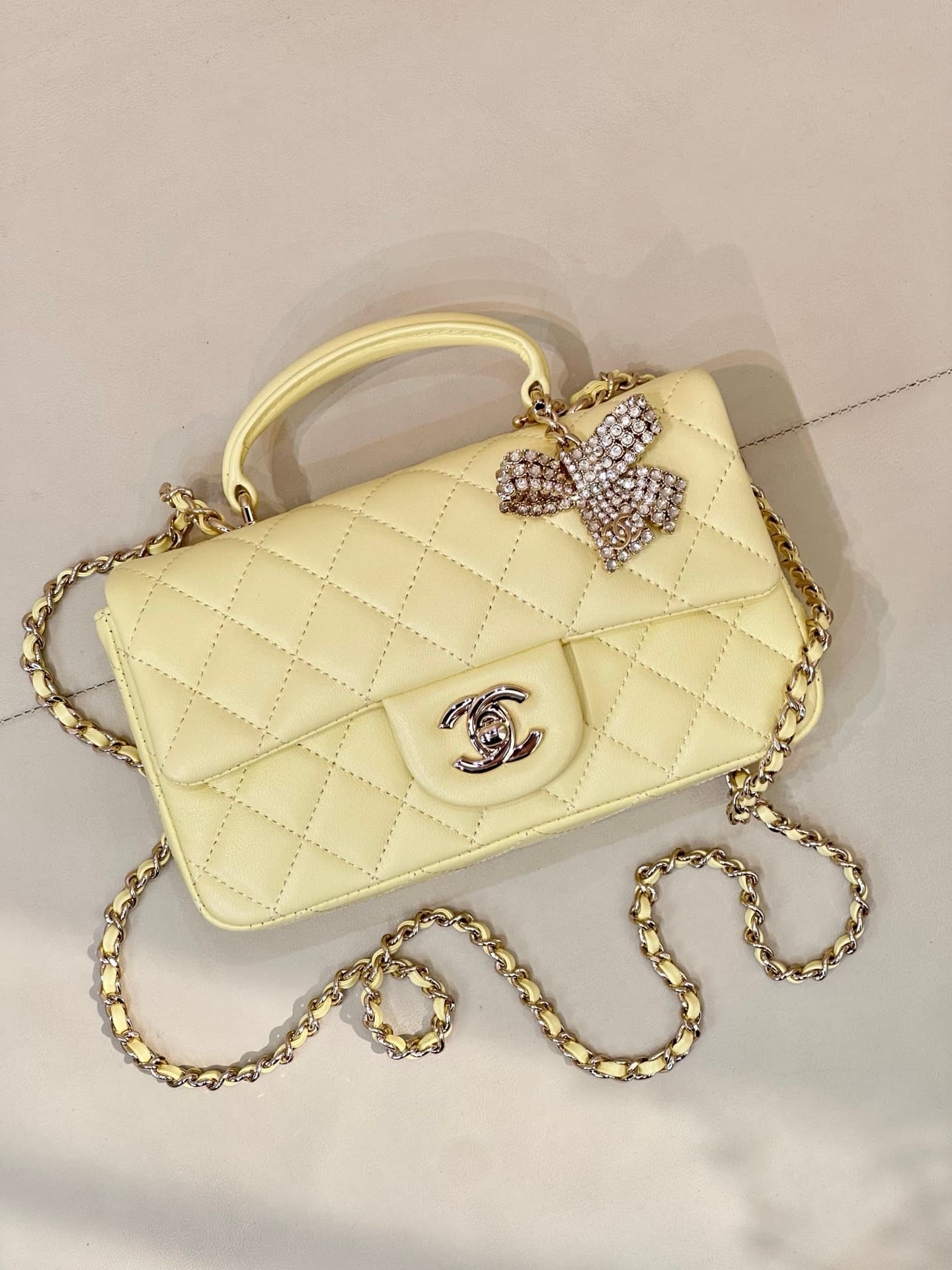 Chanel Mini Classic Handbag Lambskin Strass & Gold-Tone Metal AS2431 light yellow TOP