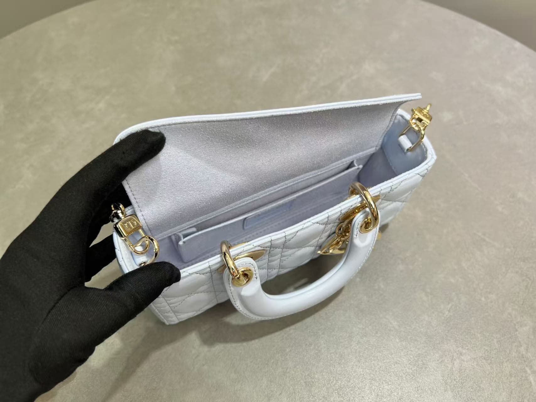 LADY D-JOY BAG SMALL Cannage Lambskin Ice Blue High