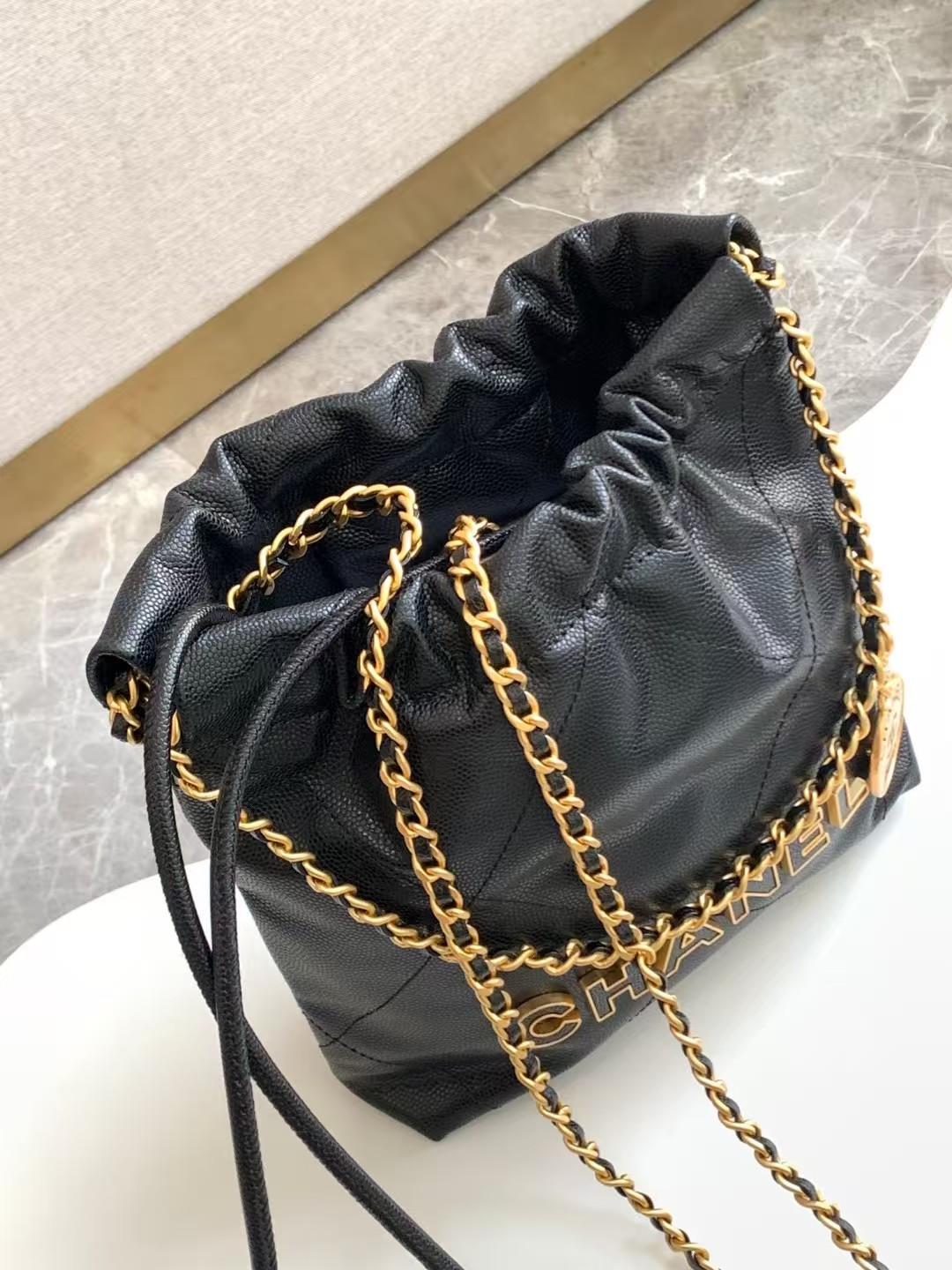 Chanel 22 MINI HANDBAG Shiny Grained Calfskin, Enamel & Gold-Tone Metal Black AS3980 High