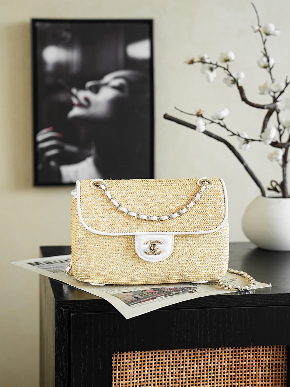 Chanel Coco Beach Small Flap Bag Braided Straw Lambskin & Gold-tone Metal AS6017 A