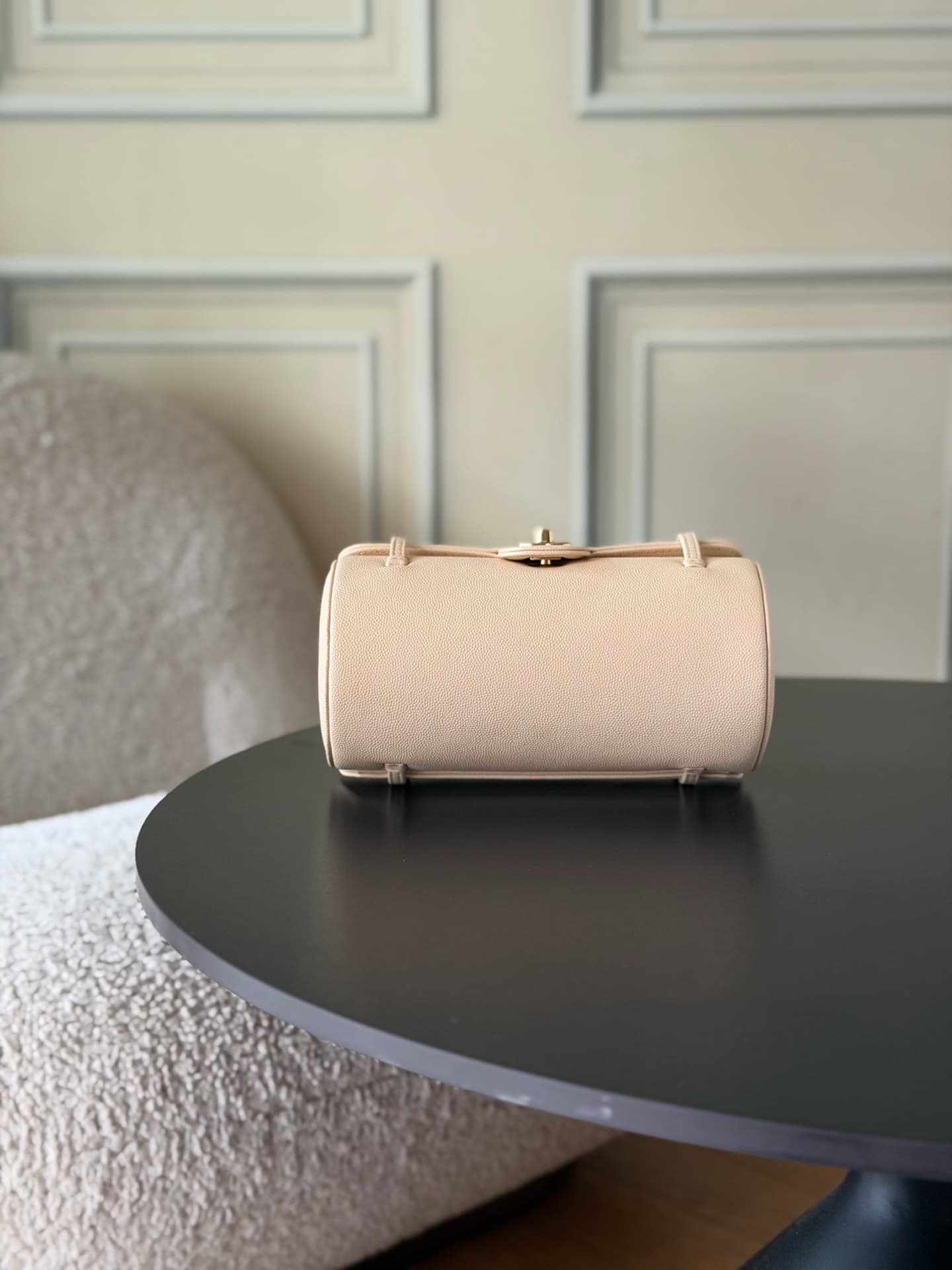 Chanel Small Bowling Bag Grained Shiny Calfskin & Gold-Tone Metal Beige AS6143 High